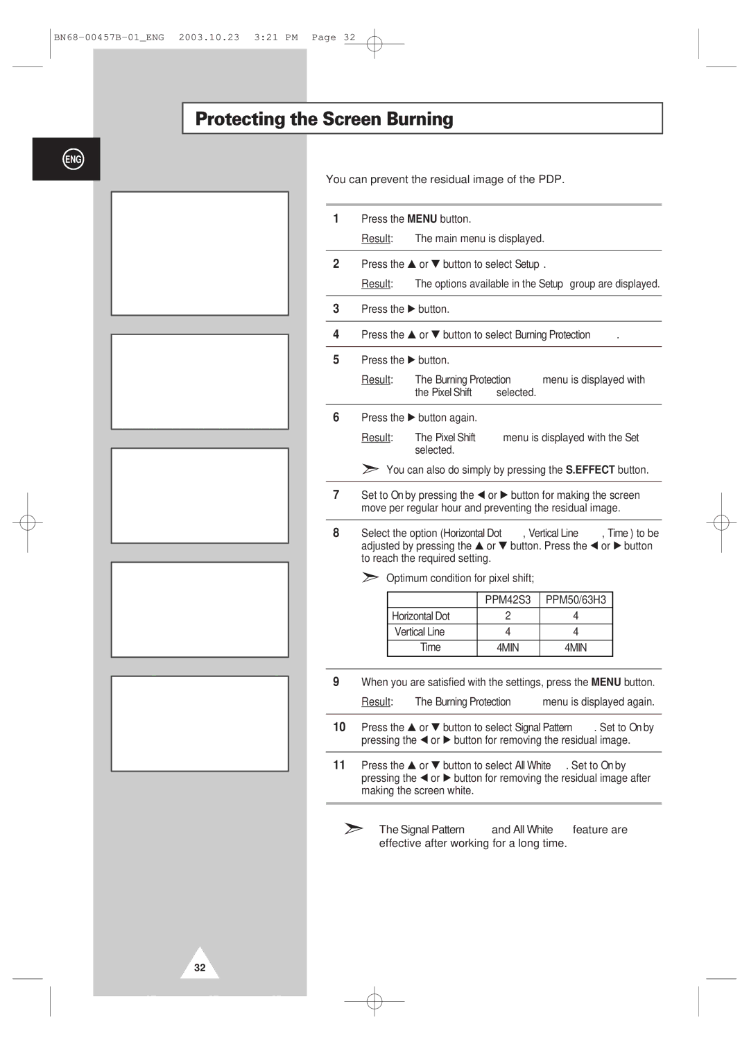 Samsung PPM 42S3 manual Protecting the Screen Burning, You can prevent the residual image of the PDP 