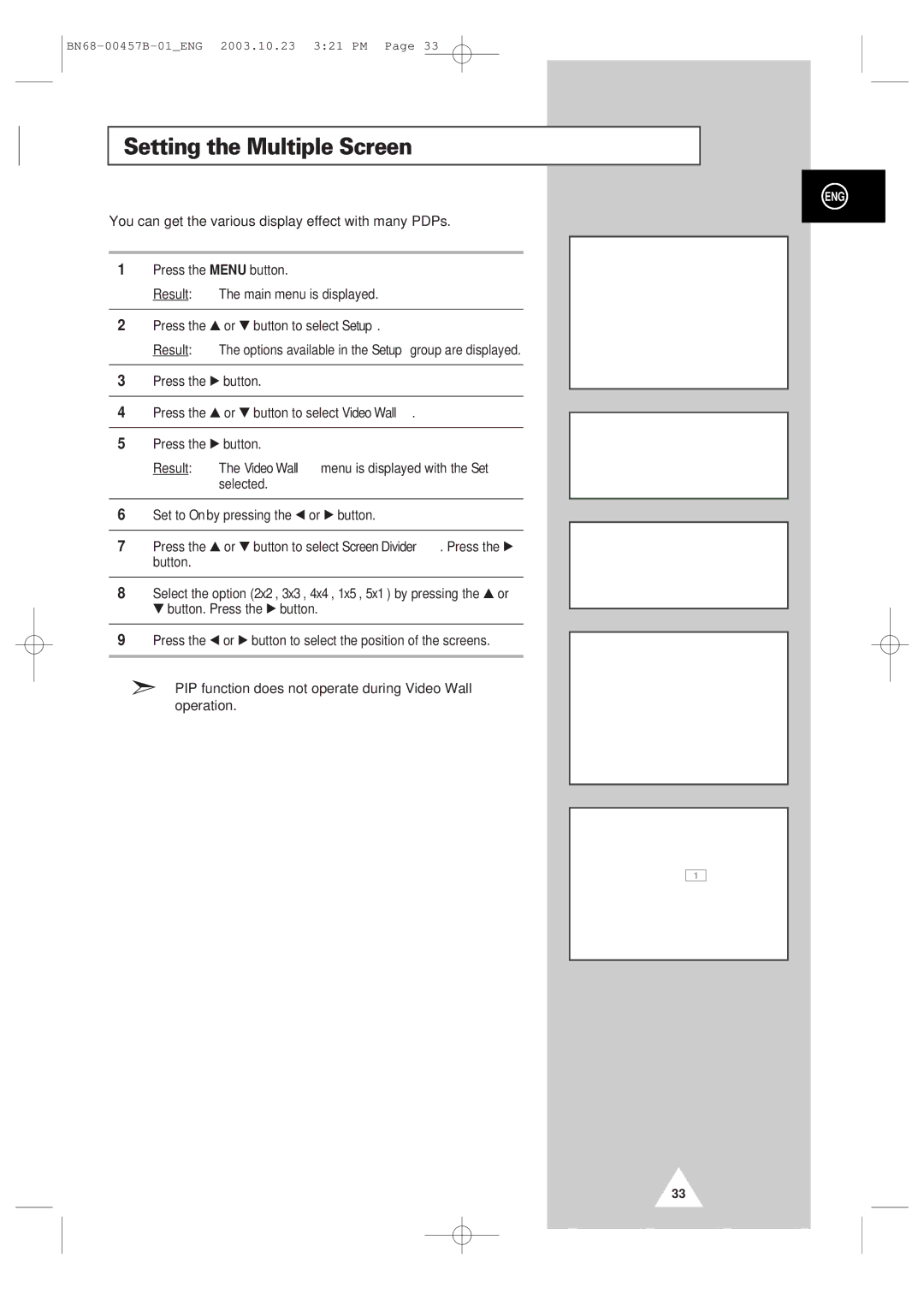 Samsung PPM 42S3 manual Setting the Multiple Screen, You can get the various display effect with many PDPs 