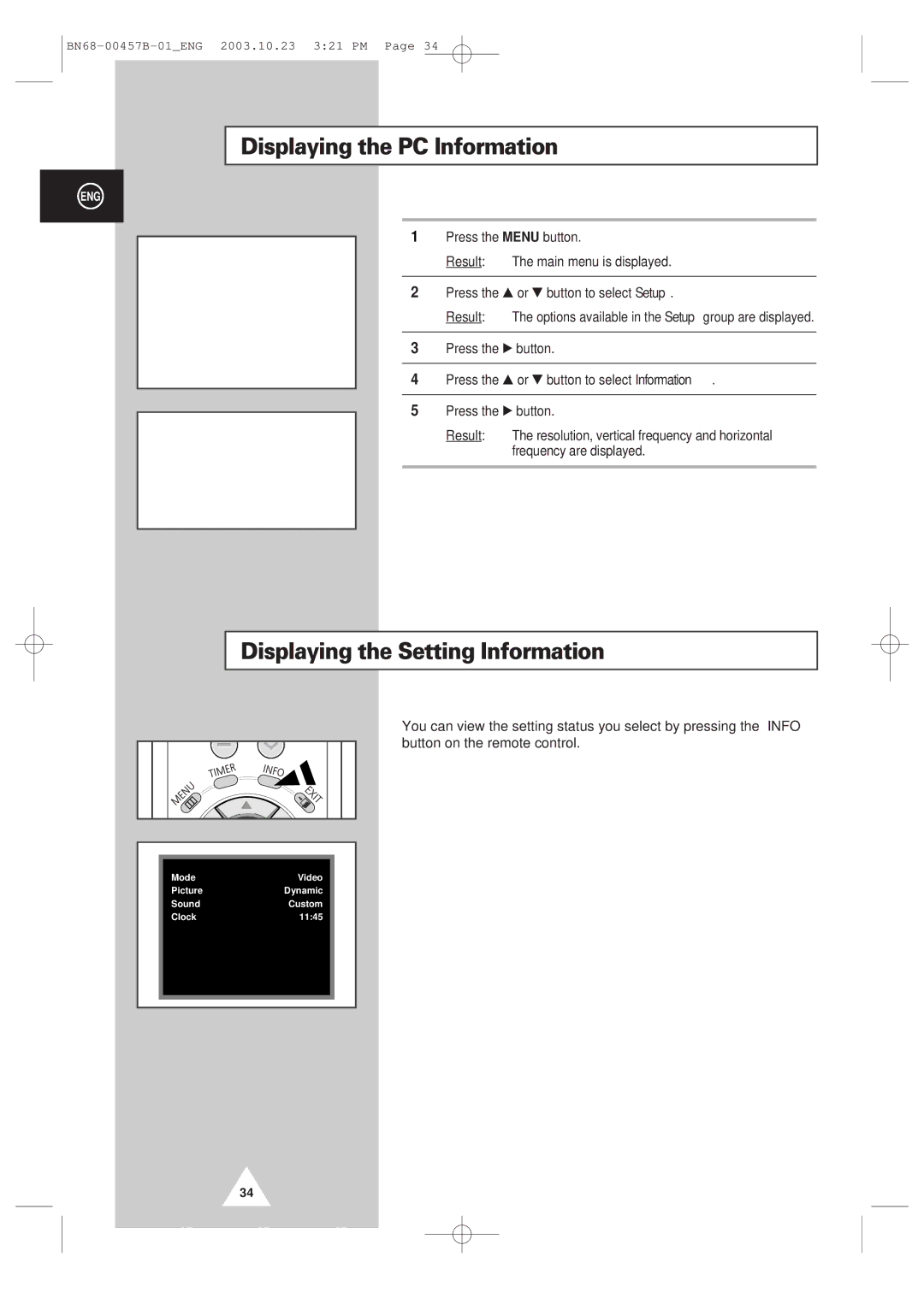 Samsung PPM 42S3 manual Displaying the PC Information, Displaying the Setting Information 