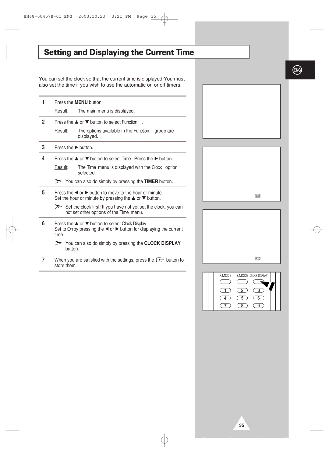 Samsung PPM 42S3 manual Setting and Displaying the Current Time 