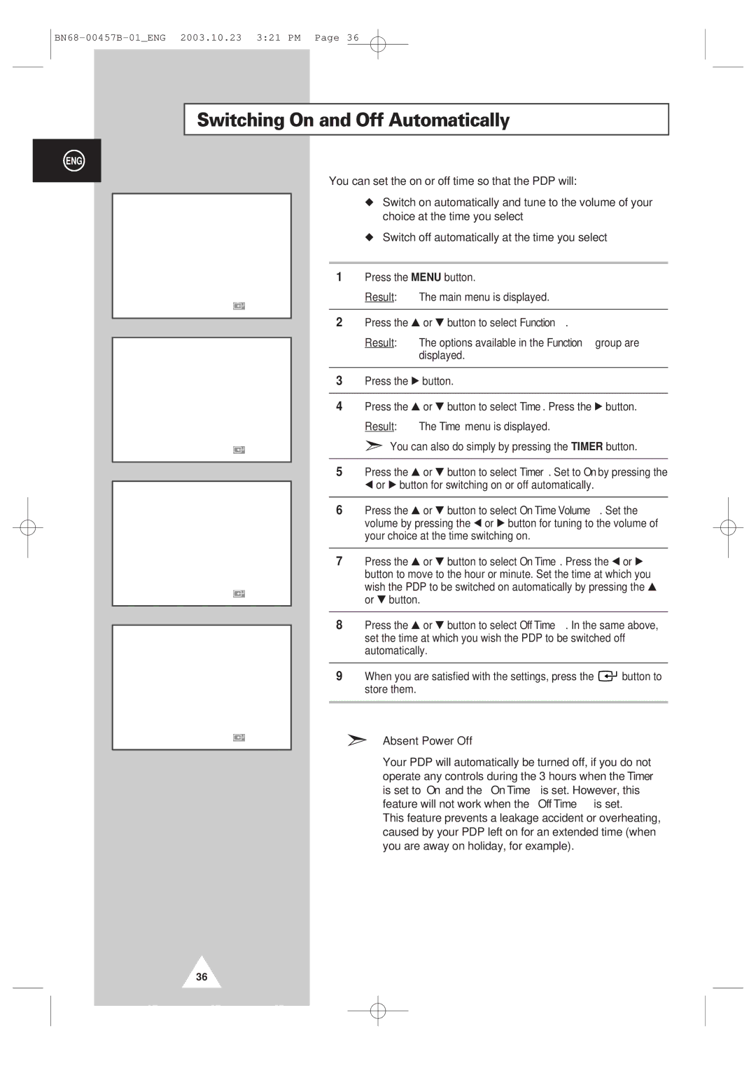 Samsung PPM 42S3 manual Switching On and Off Automatically, Absent Power Off 