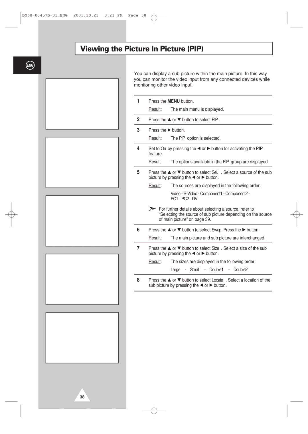 Samsung PPM 42S3 manual Viewing the Picture In Picture PIP 