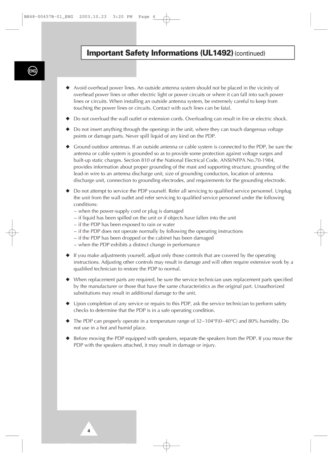 Samsung PPM 42S3 manual Important Safety Informations UL1492 