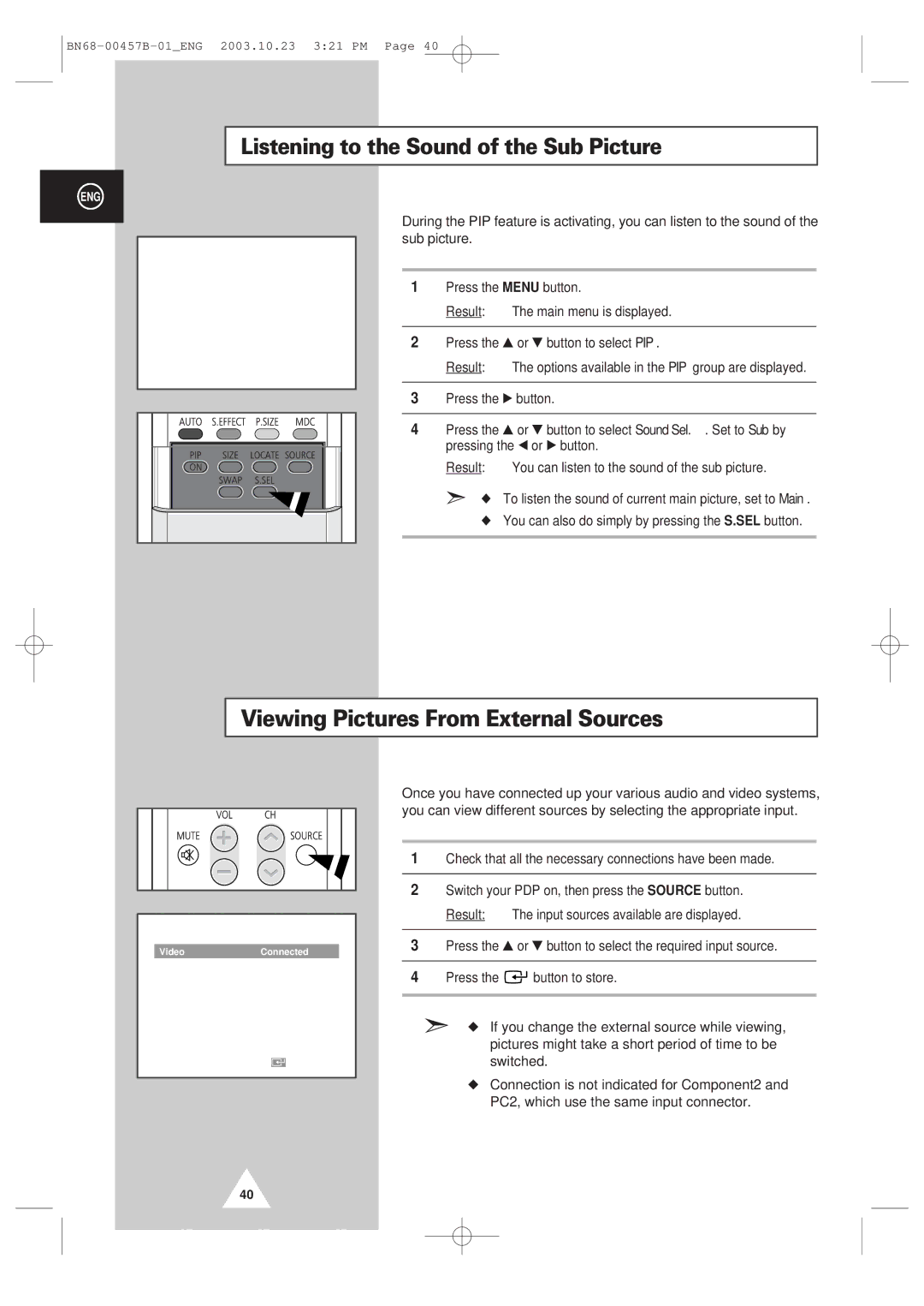 Samsung PPM 42S3 manual Viewing Pictures From External Sources, Listening to the Sound of the Sub Picture, Sub picture 