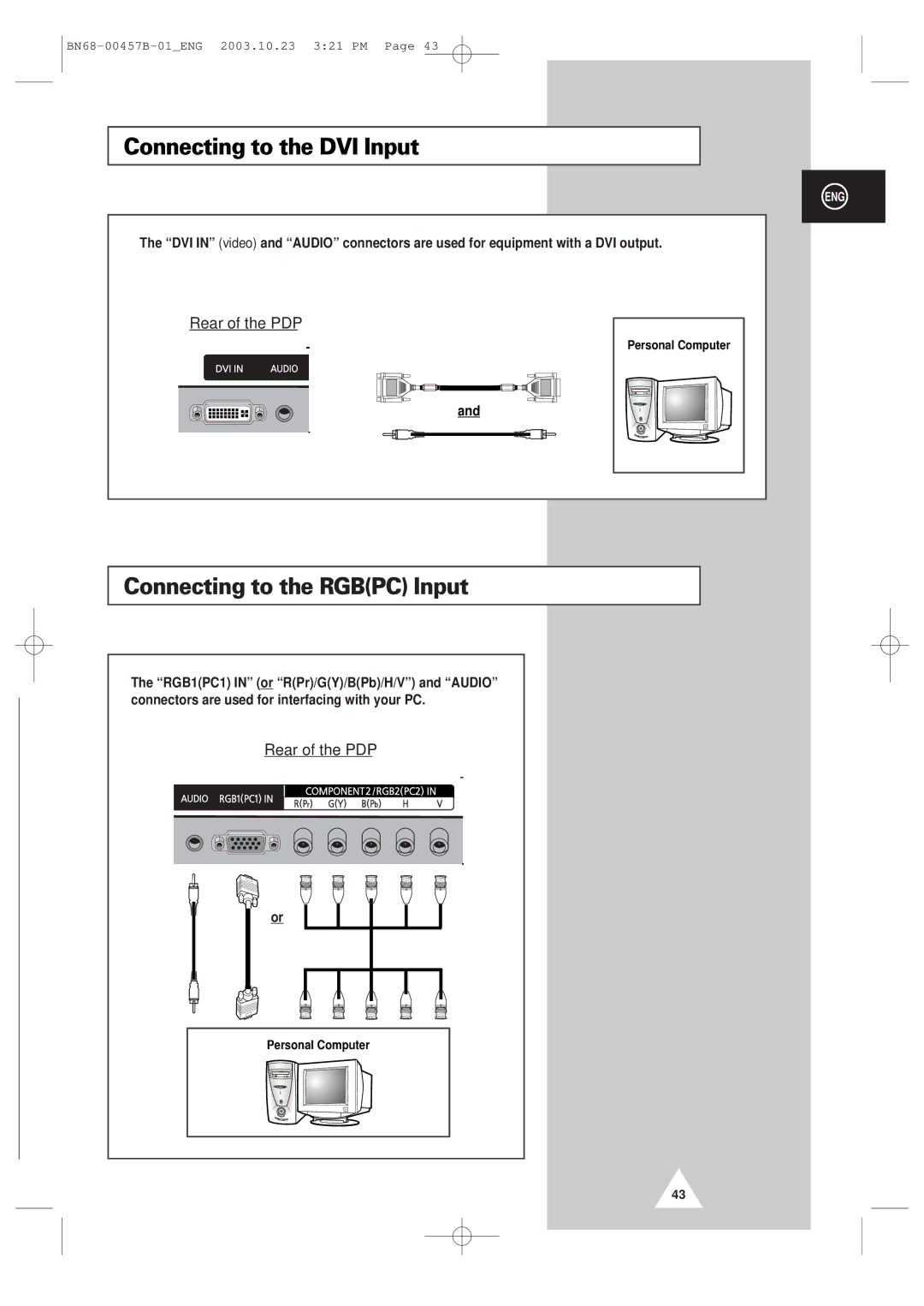 Samsung PPM 42S3 manual Connecting to the DVI Input, Connecting to the Rgbpc Input 