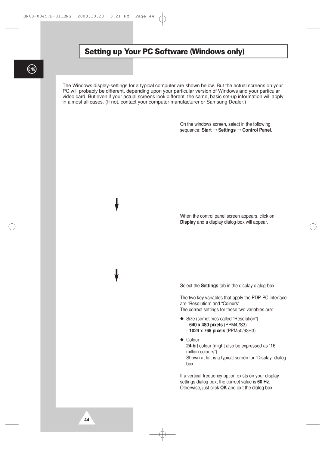 Samsung PPM 42S3 manual Setting up Your PC Software Windows only, 1024 x 768 pixels PPM50/63H3 