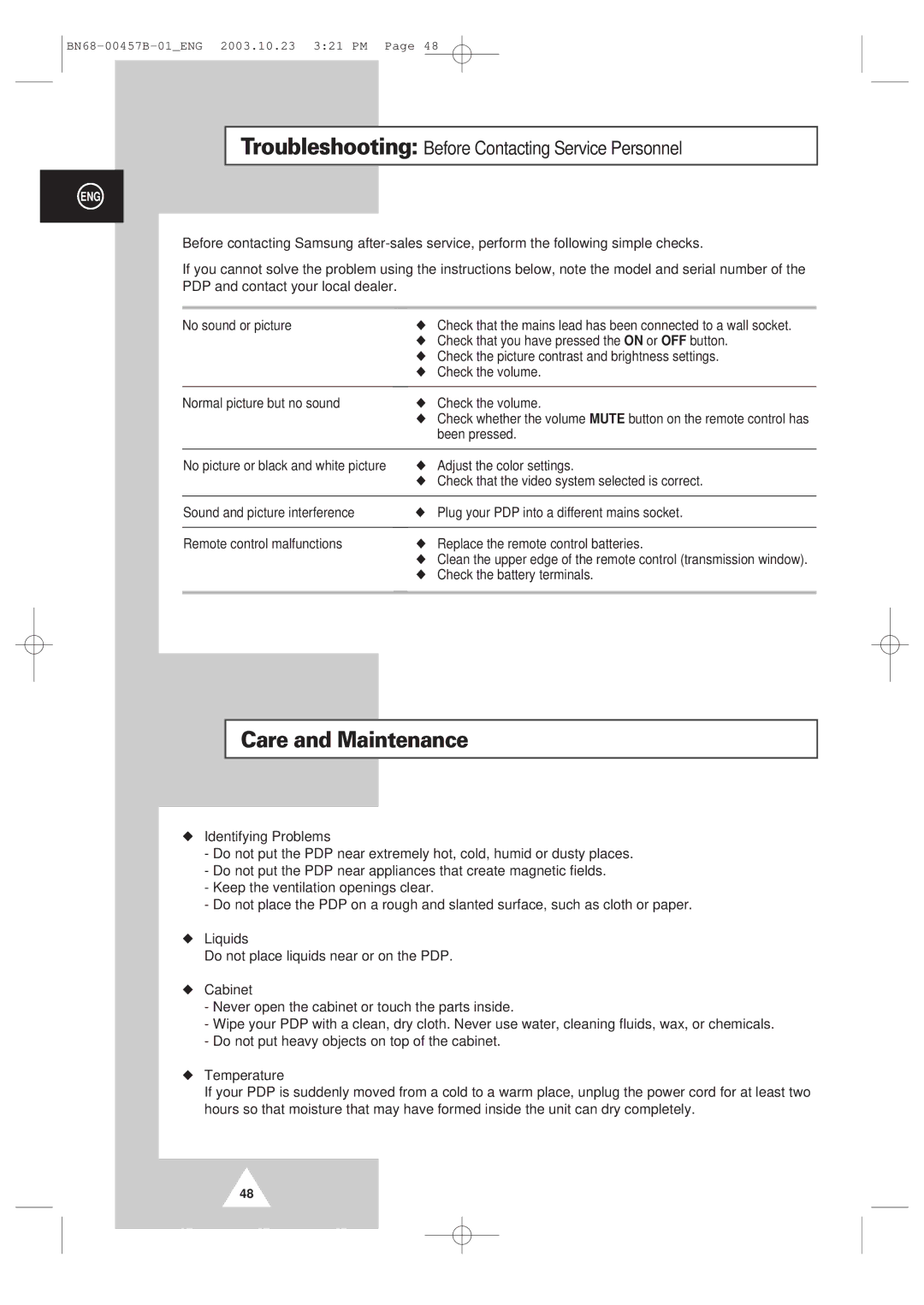 Samsung PPM 42S3 manual Care and Maintenance, Identifying Problems, Liquids, Cabinet, Temperature 