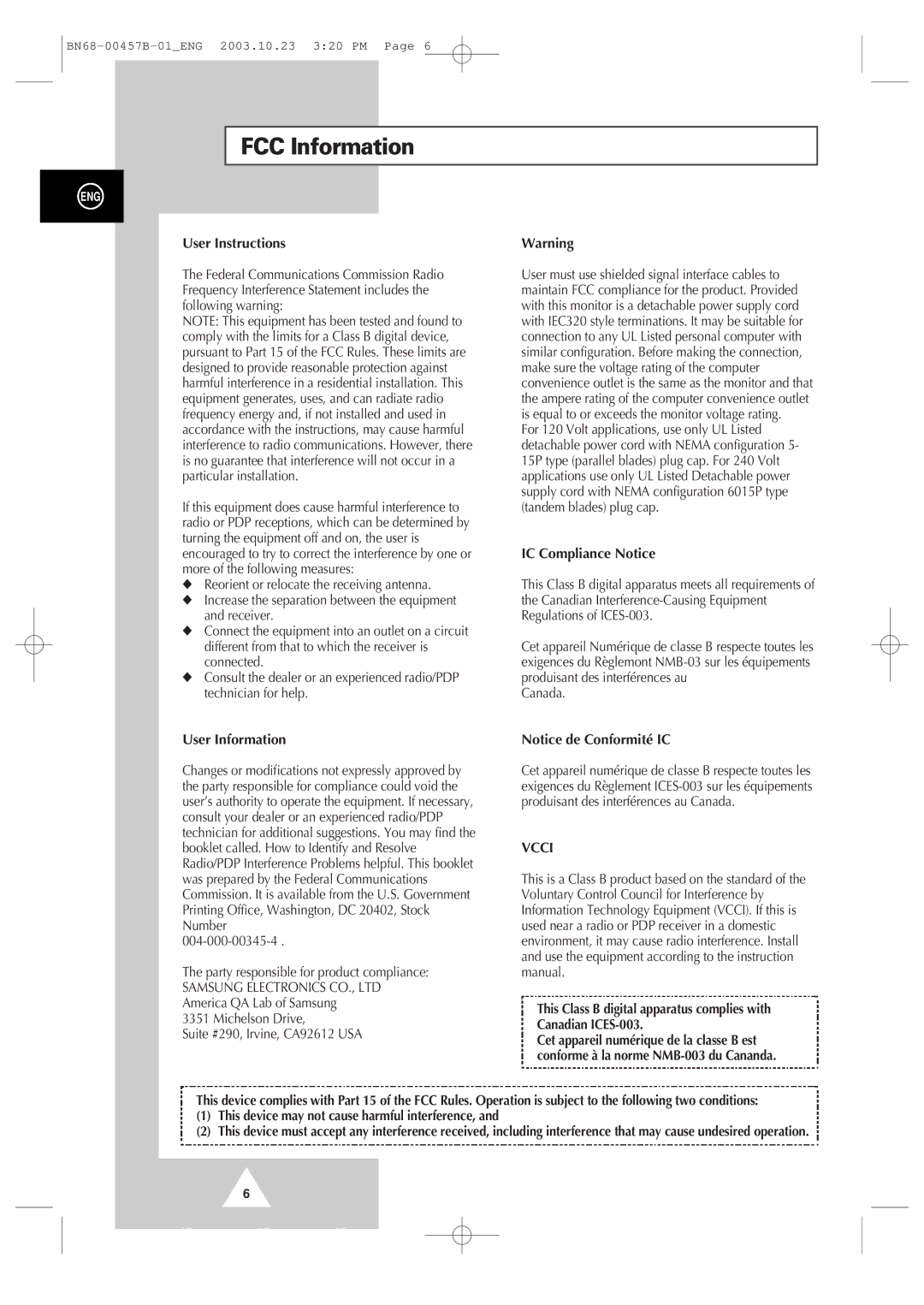 Samsung PPM 42S3 manual FCC Information, User Instructions 