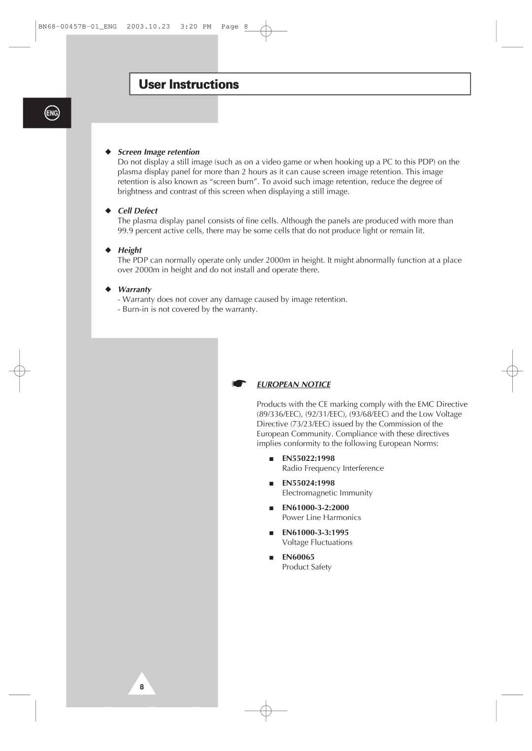 Samsung PPM 42S3 manual User Instructions, Screen Image retention, Cell Defect, Height, Warranty 