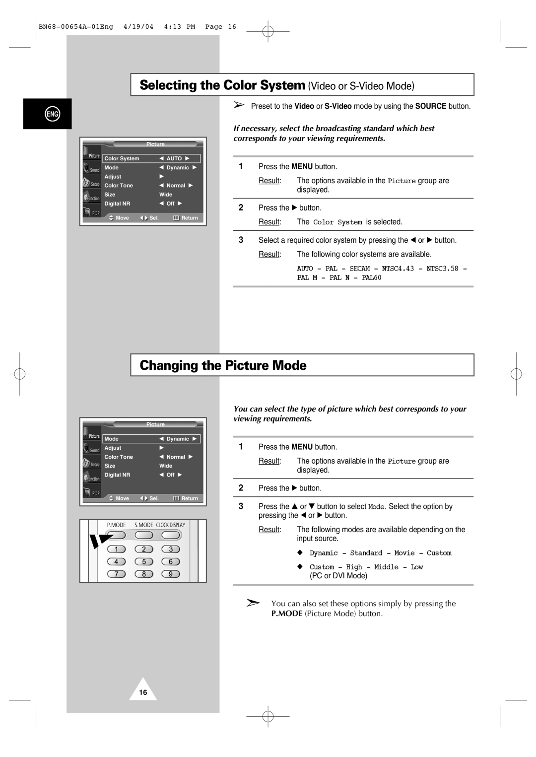 Samsung PPM 50H3Q, PPM 42S3Q, PPM63H3Q manual Selecting the Color System Video or S-Video Mode, Changing the Picture Mode 