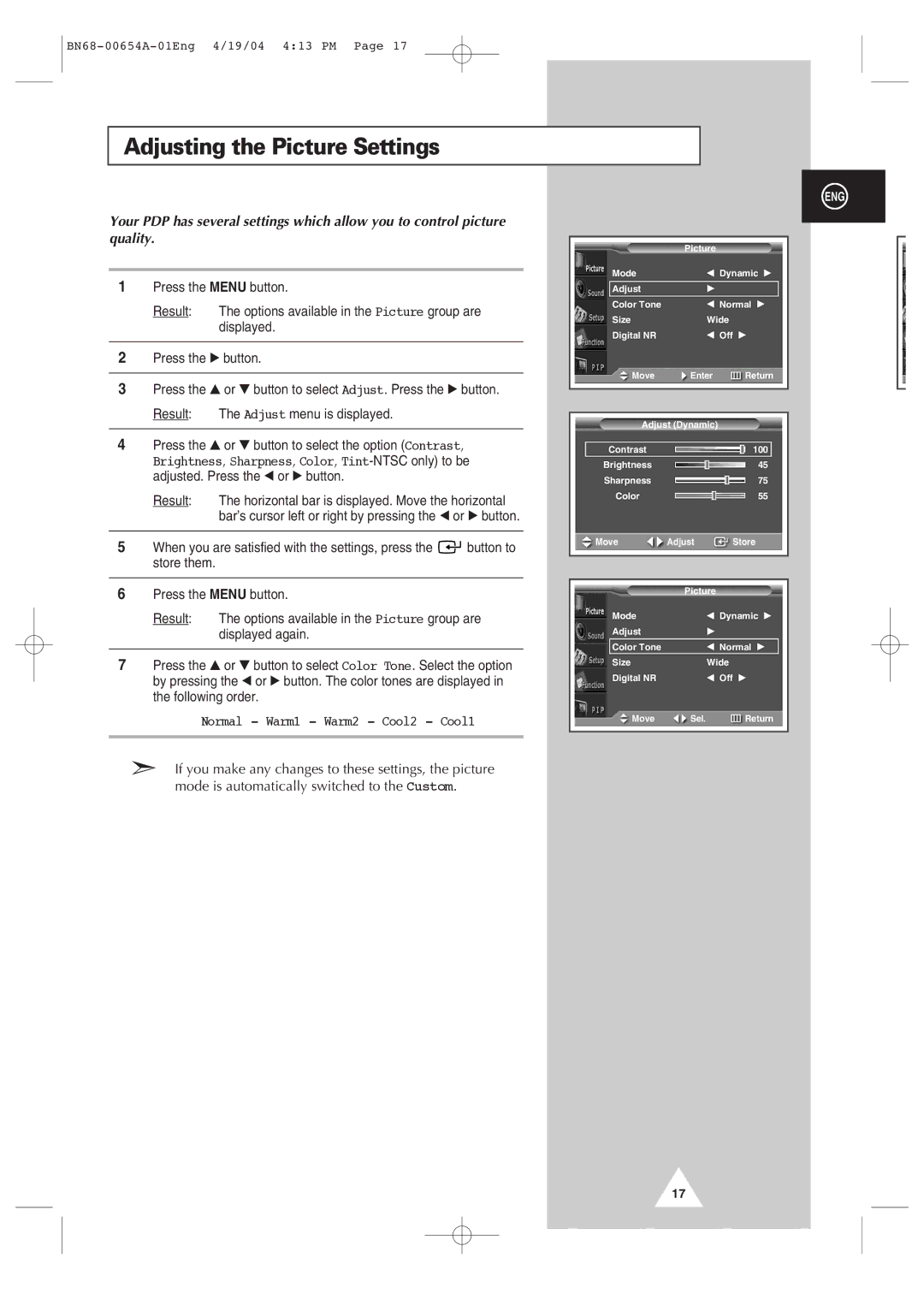 Samsung PPM63H3Q, PPM 42S3Q, PPM 50H3Q manual Adjusting the Picture Settings, Normal Warm1 Warm2 Cool2 Cool1 