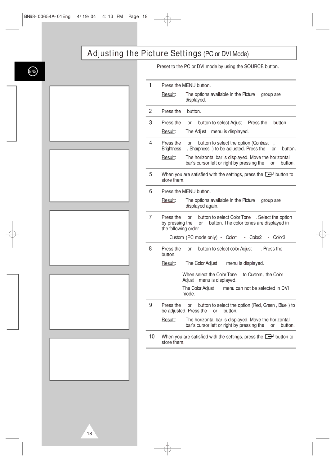 Samsung PPM 42S3Q, PPM 50H3Q, PPM63H3Q manual Adjusting the Picture Settings PC or DVI Mode 