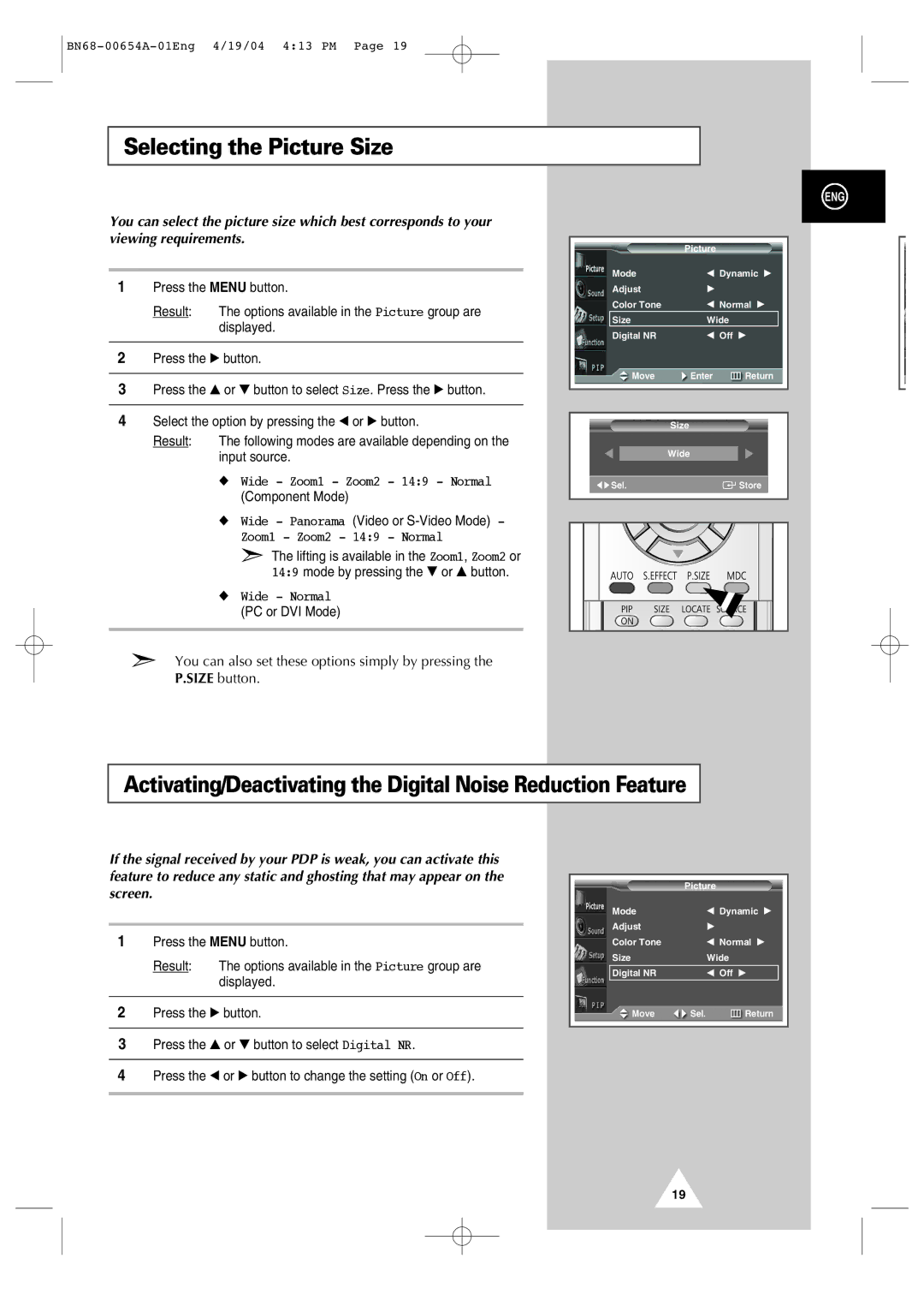 Samsung PPM 50H3Q, PPM 42S3Q manual Selecting the Picture Size, Activating/Deactivating the Digital Noise Reduction Feature 