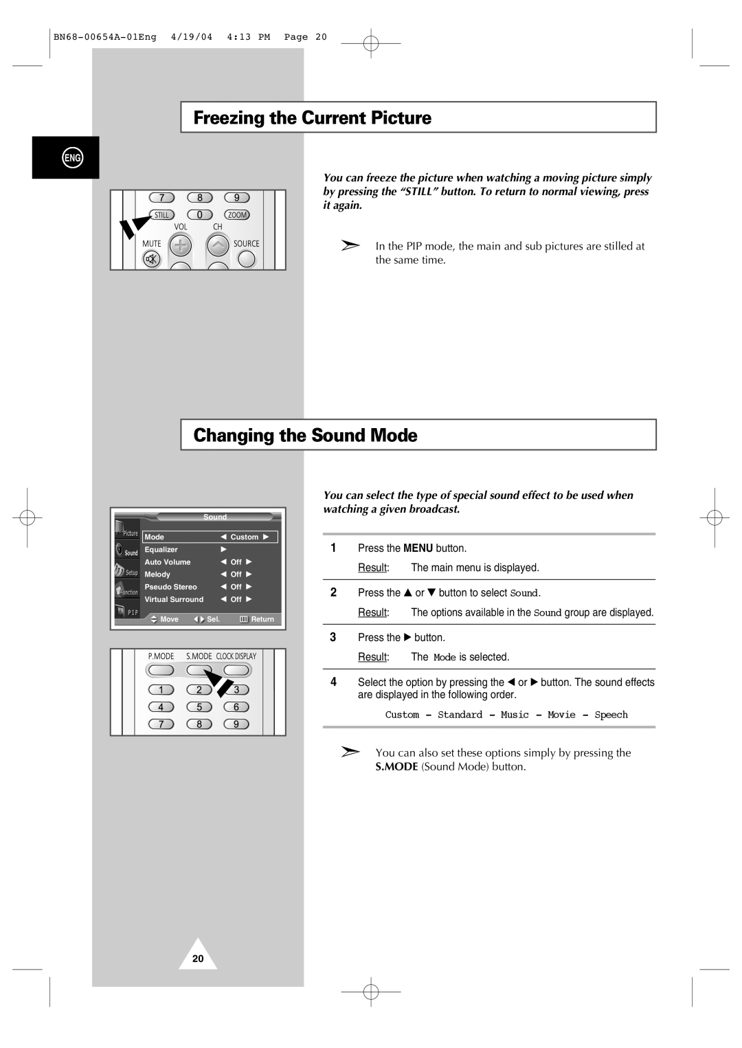 Samsung PPM63H3Q, PPM 42S3Q, PPM 50H3Q manual Freezing the Current Picture, Changing the Sound Mode 