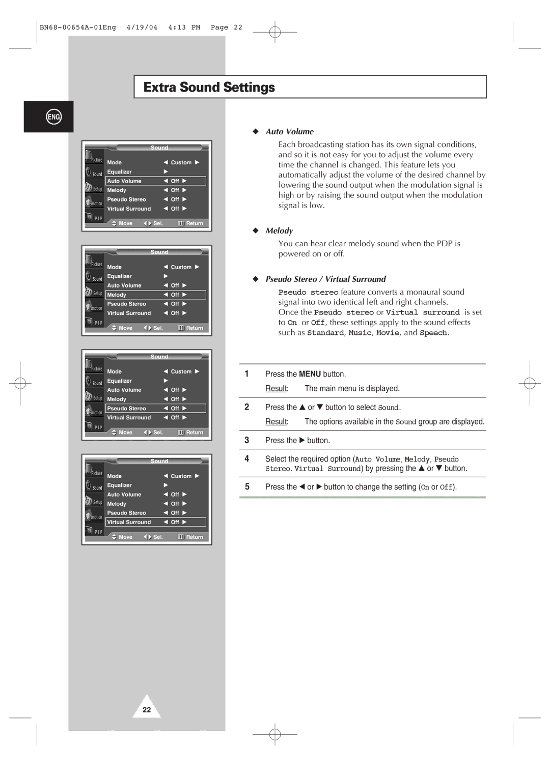 Samsung PPM 50H3Q, PPM 42S3Q, PPM63H3Q manual Extra Sound Settings, Auto Volume, Melody, Pseudo Stereo / Virtual Surround 