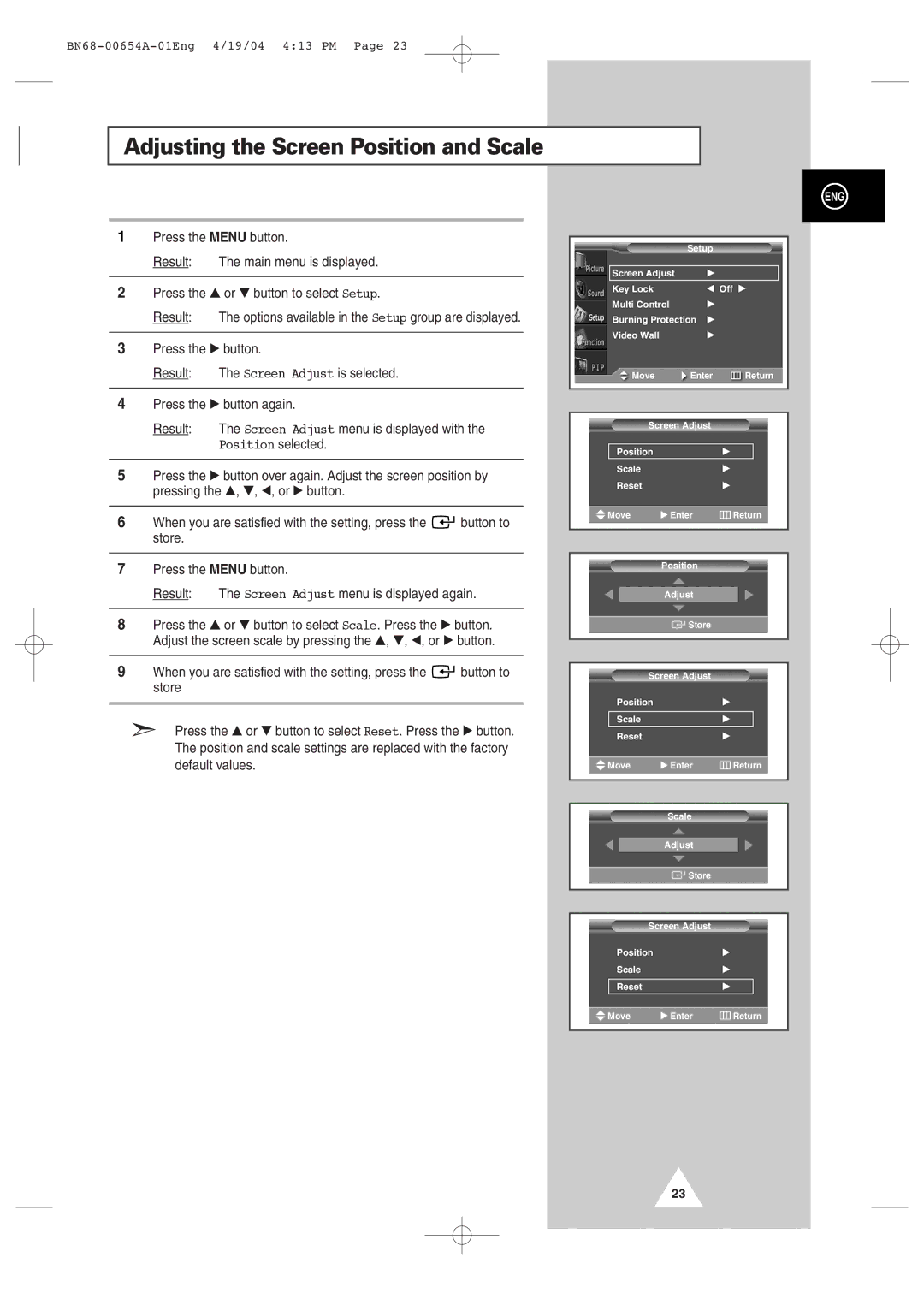 Samsung PPM63H3Q, PPM 42S3Q, PPM 50H3Q manual Adjusting the Screen Position and Scale 