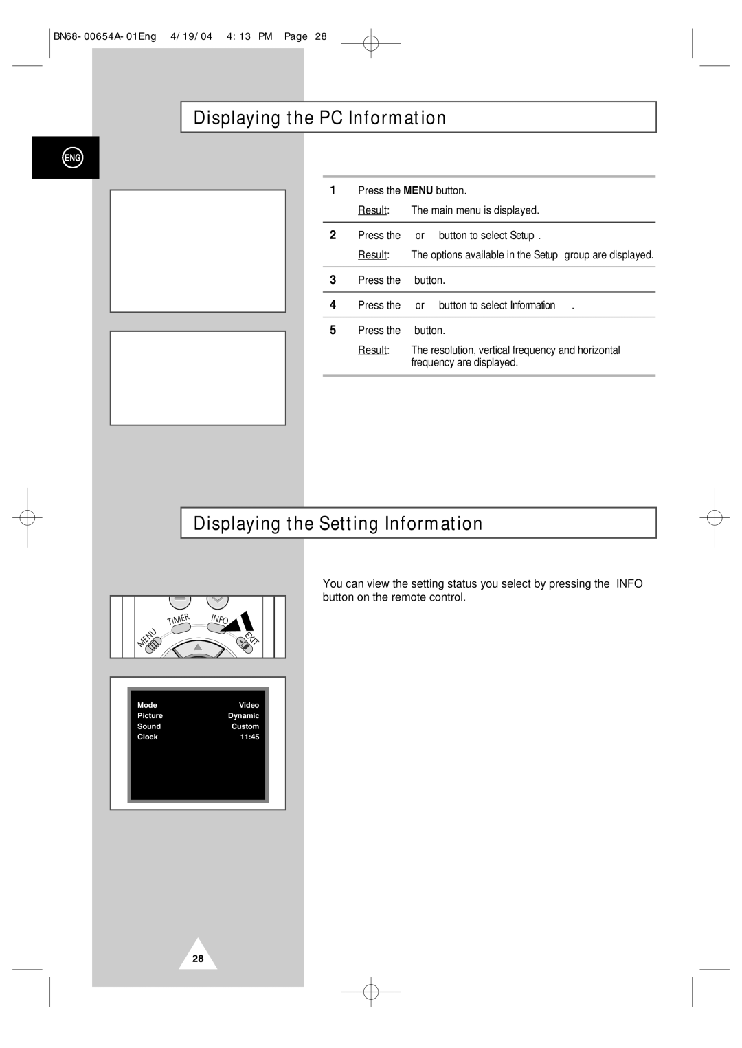 Samsung PPM 50H3Q, PPM 42S3Q, PPM63H3Q manual Displaying the PC Information, Displaying the Setting Information 