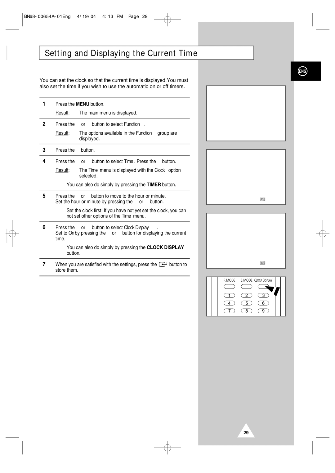 Samsung PPM63H3Q, PPM 42S3Q, PPM 50H3Q manual Setting and Displaying the Current Time 