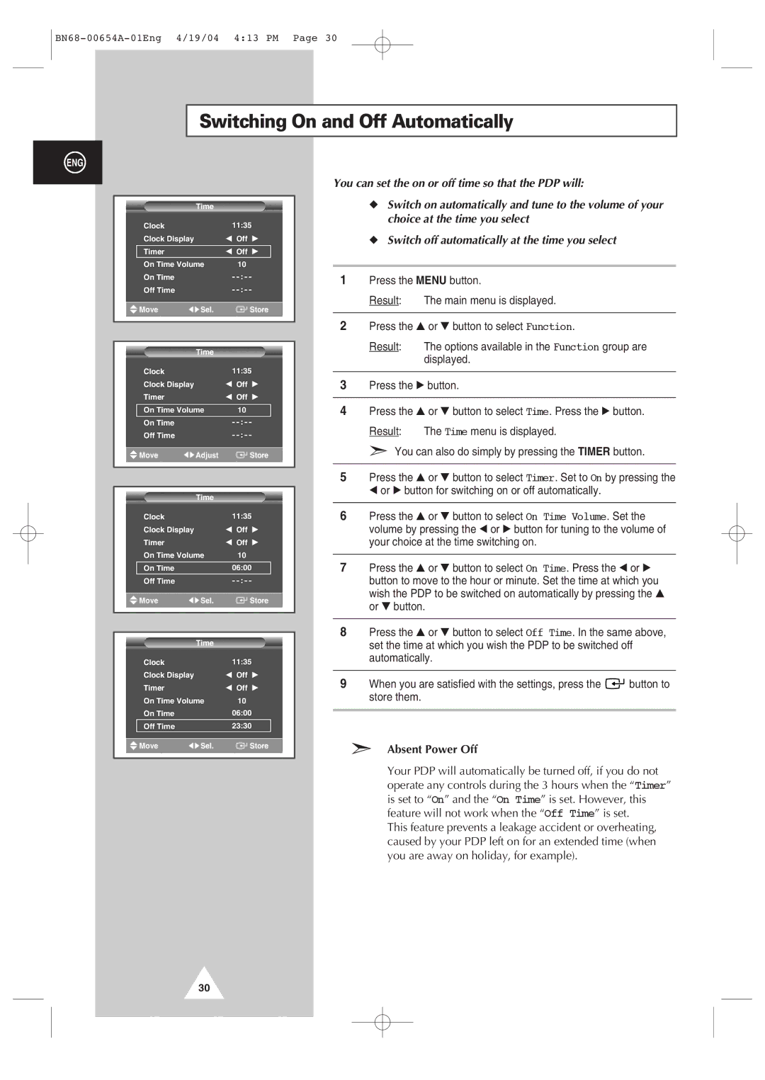 Samsung PPM 42S3Q, PPM 50H3Q, PPM63H3Q manual Switching On and Off Automatically, Absent Power Off 