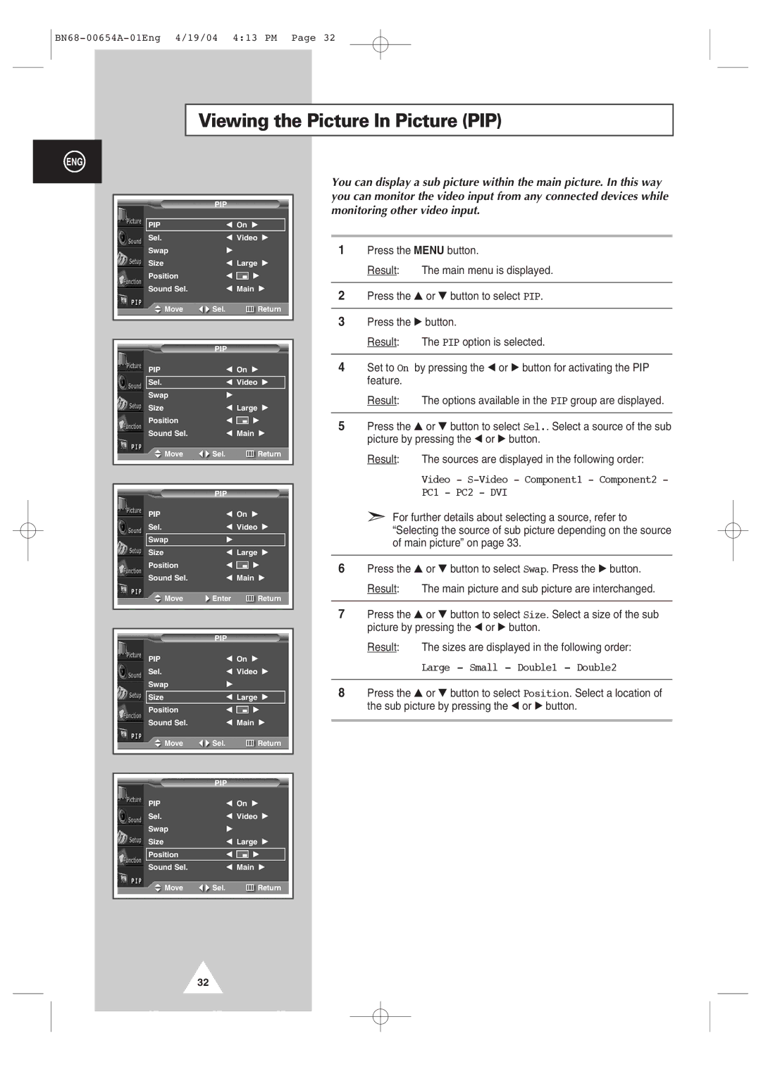 Samsung PPM63H3Q, PPM 42S3Q, PPM 50H3Q manual Viewing the Picture In Picture PIP 