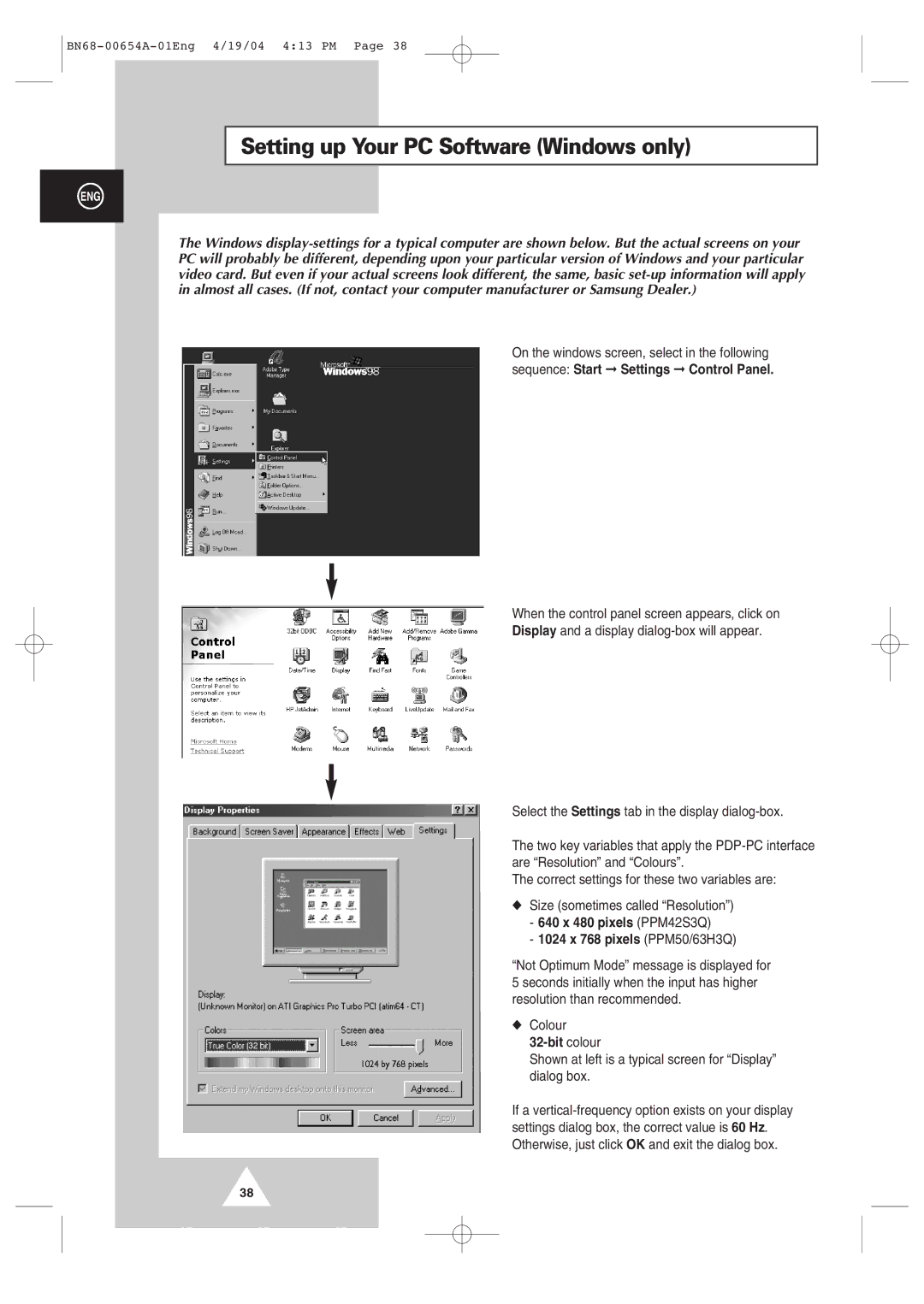 Samsung PPM63H3Q, PPM 42S3Q, PPM 50H3Q manual Setting up Your PC Software Windows only, 1024 x 768 pixels PPM50/63H3Q 