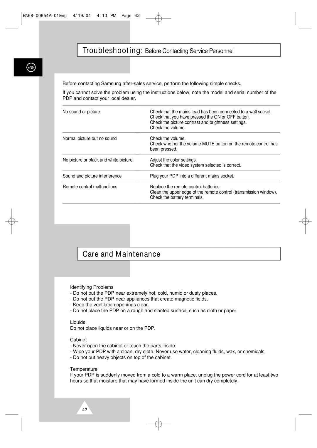 Samsung PPM 42S3Q, PPM 50H3Q, PPM63H3Q manual Care and Maintenance, Identifying Problems, Liquids, Cabinet, Temperature 