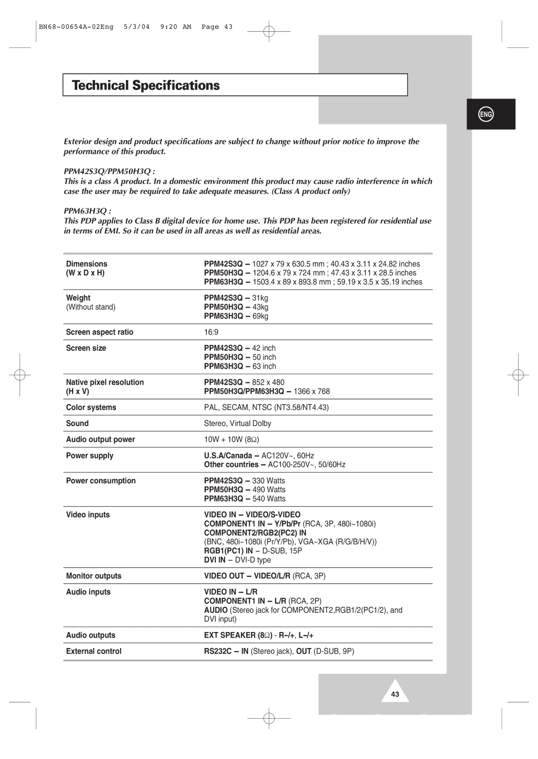 Samsung PPM 50H3Q, PPM 42S3Q, PPM63H3Q manual Technical Specifications, PPM42S3Q/PPM50H3Q 