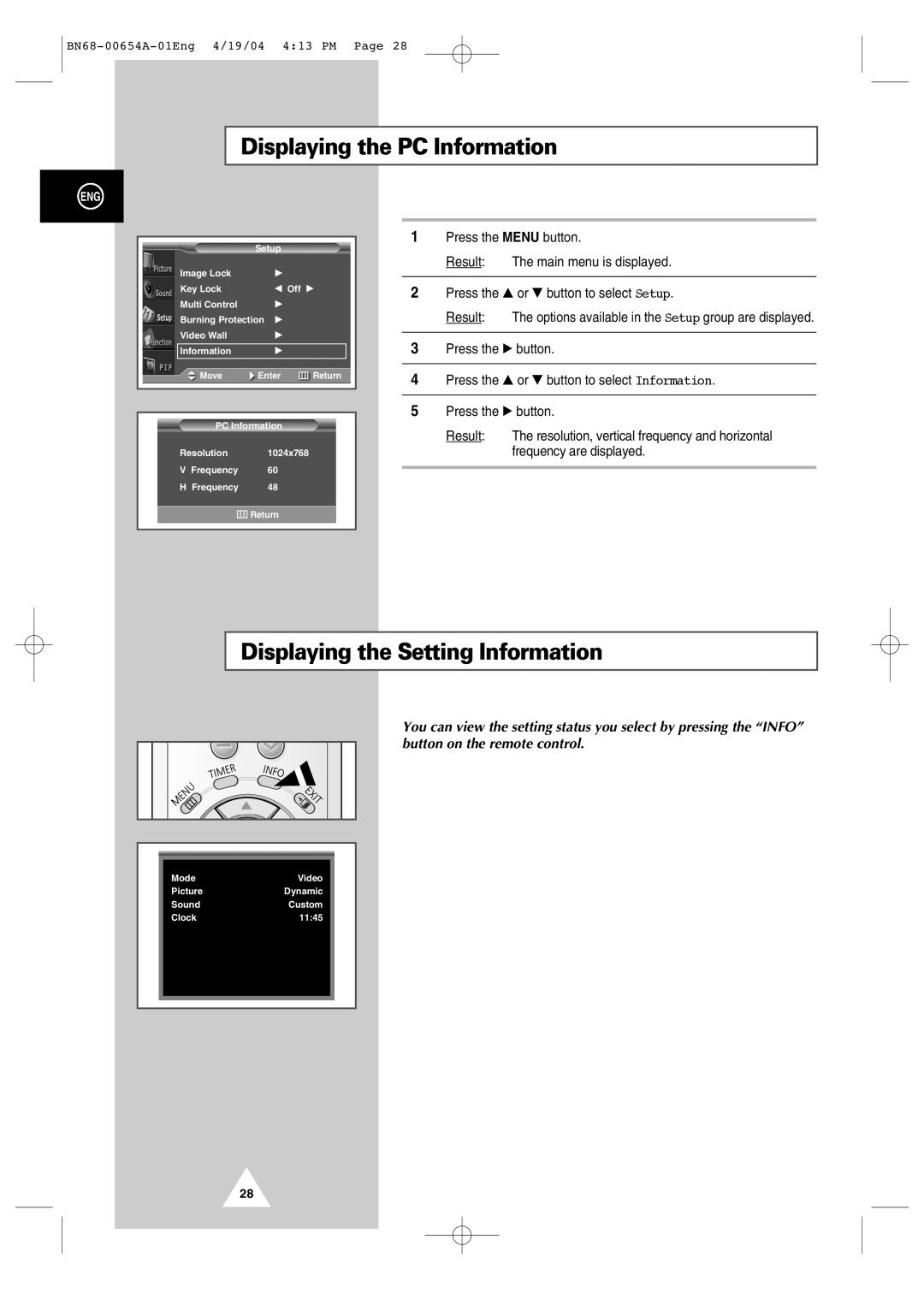 Samsung PPM 50H3Q, PPM 42S3Q, PPM63H3Q manual Displaying the PC Information, Displaying the Setting Information 