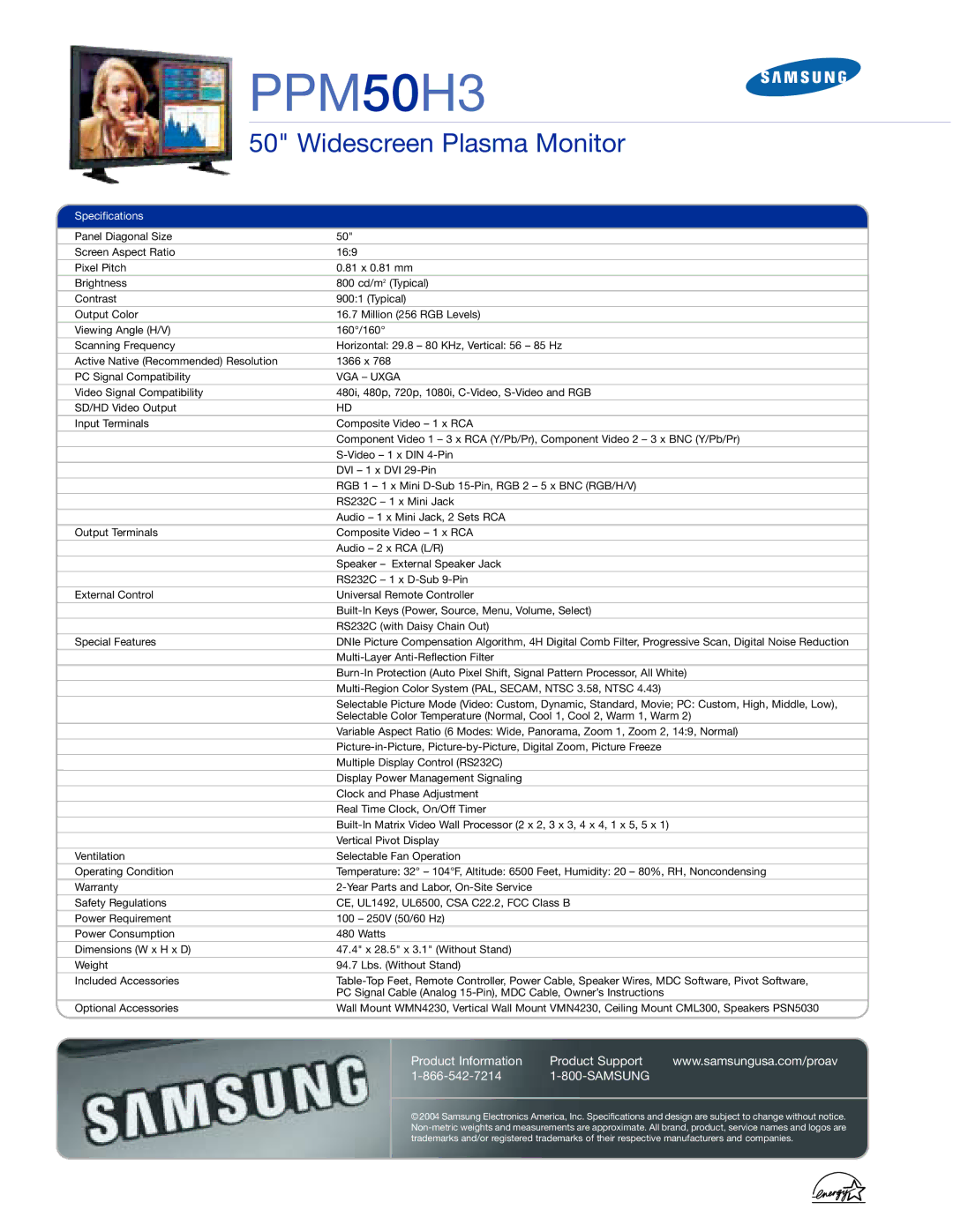 Samsung PPM 50H3 PPM50H3, Widescreen Plasma Monitor, Product Information Product Support Samsung, Specifications, VGA Uxga 