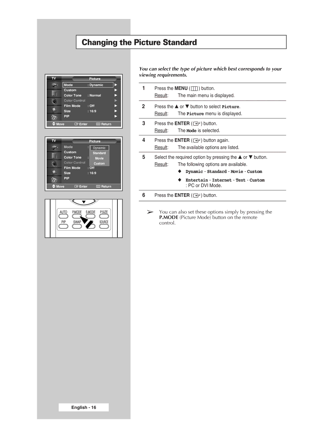 Samsung PPM63M5HSX/EDC, PPM42M5HSX/EDC, PPM50M5HSX/EDC, PPM42M5SBX/SAI, PPM50M5HBX/SAI Changing the Picture Standard, Pip 