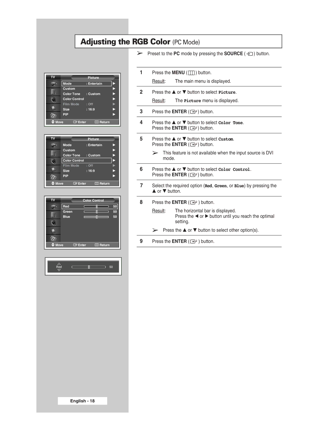 Samsung PPM50M5HBX/SAI manual Adjusting the RGB Color PC Mode, Preset to the PC mode by pressing the Source button 