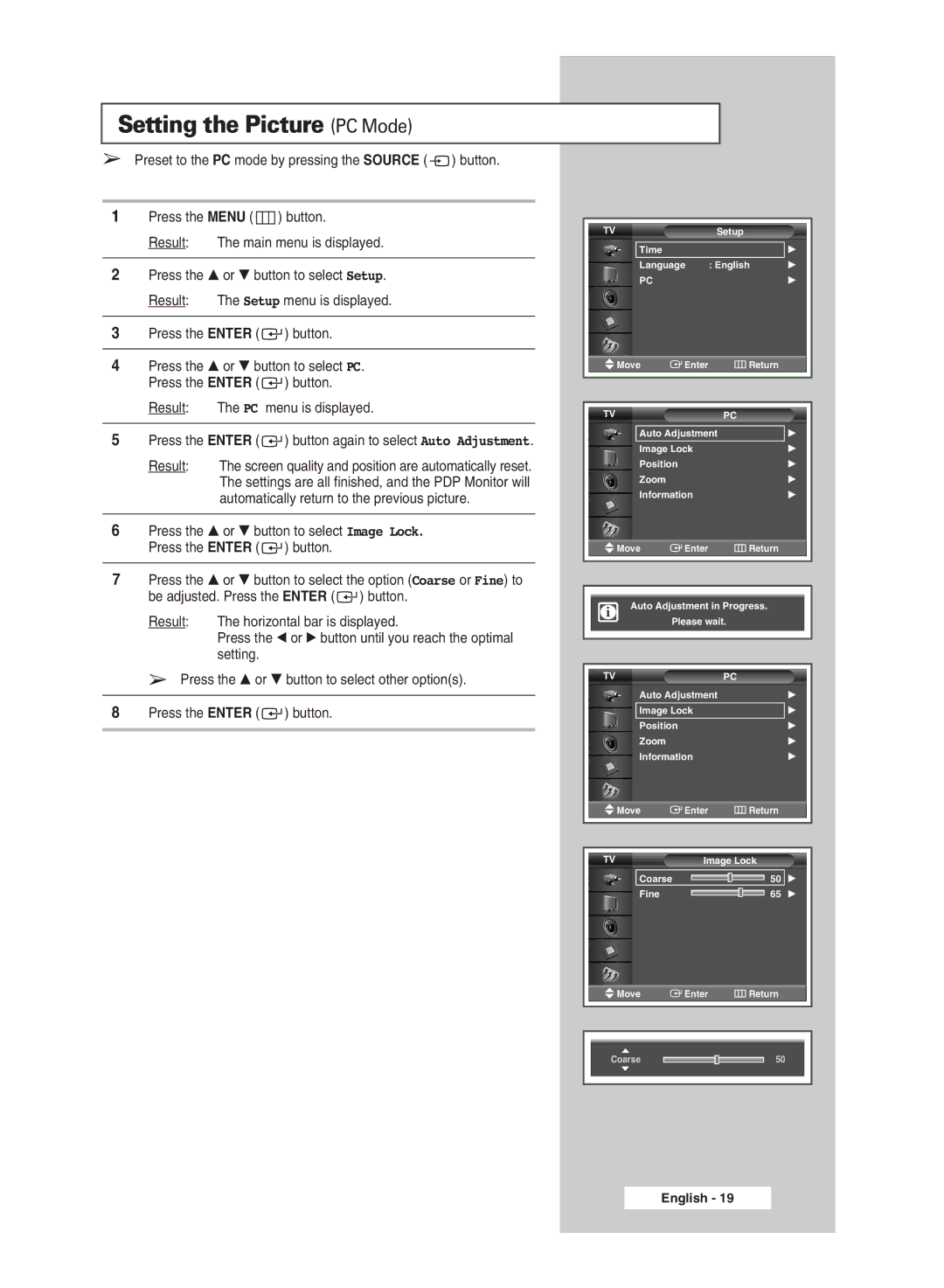 Samsung PPM63M5HBX/XSG, PPM42M5HSX/EDC, PPM50M5HSX/EDC, PPM63M5HSX/EDC, PPM42M5SBX/SAI manual Setting the Picture PC Mode 