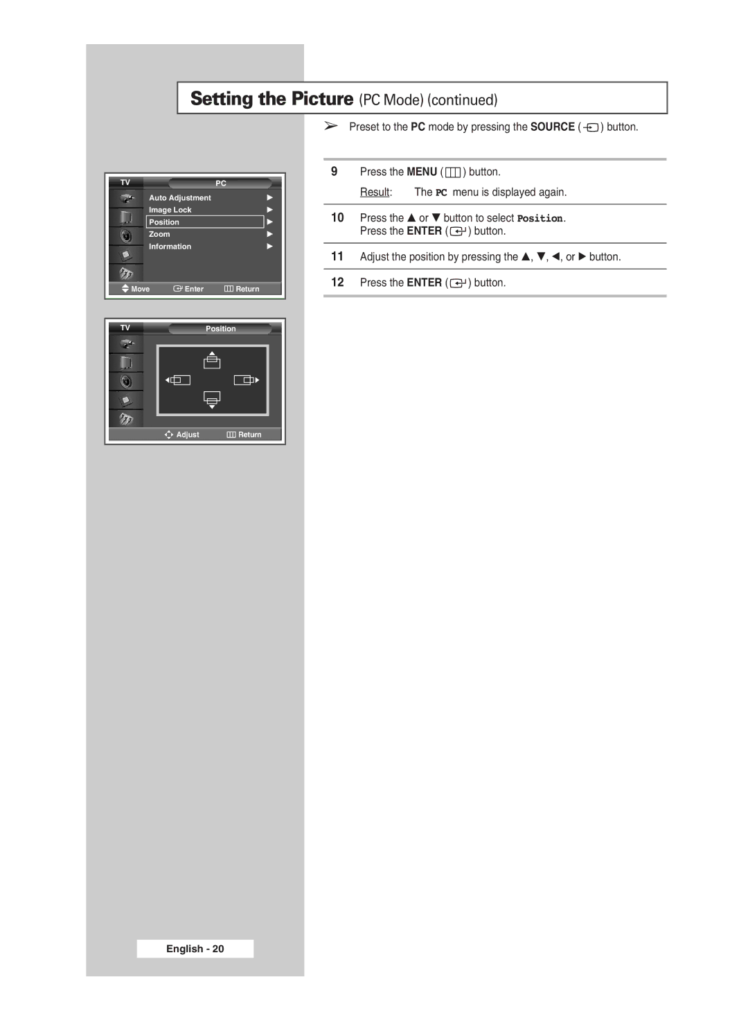 Samsung PPM63M5HSX/XSG, PPM42M5HSX/EDC, PPM50M5HSX/EDC, PPM63M5HSX/EDC, PPM42M5SBX/SAI manual Setting the Picture PC Mode 