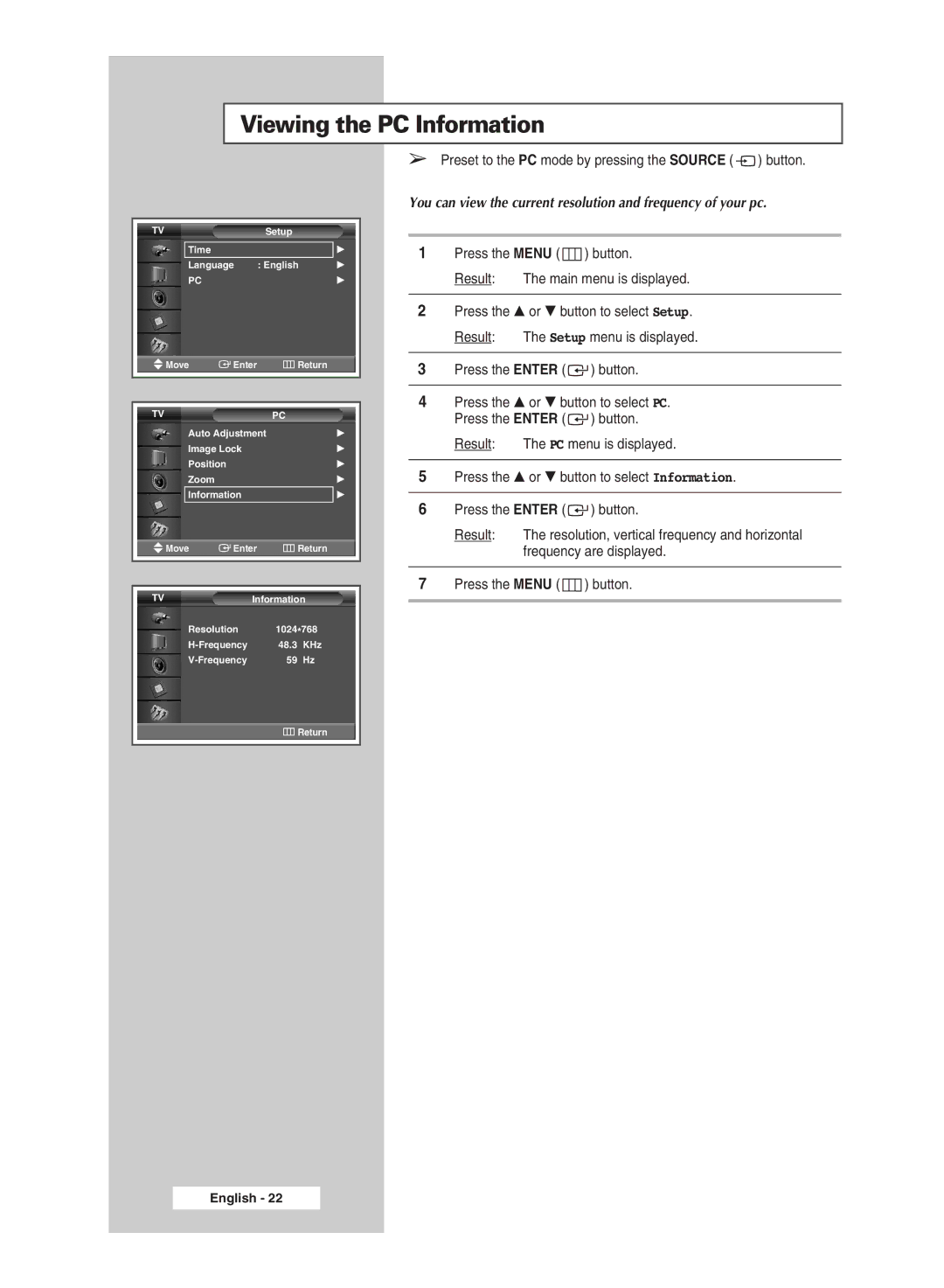 Samsung PPM42M5HBX/XSG manual Viewing the PC Information, You can view the current resolution and frequency of your pc 