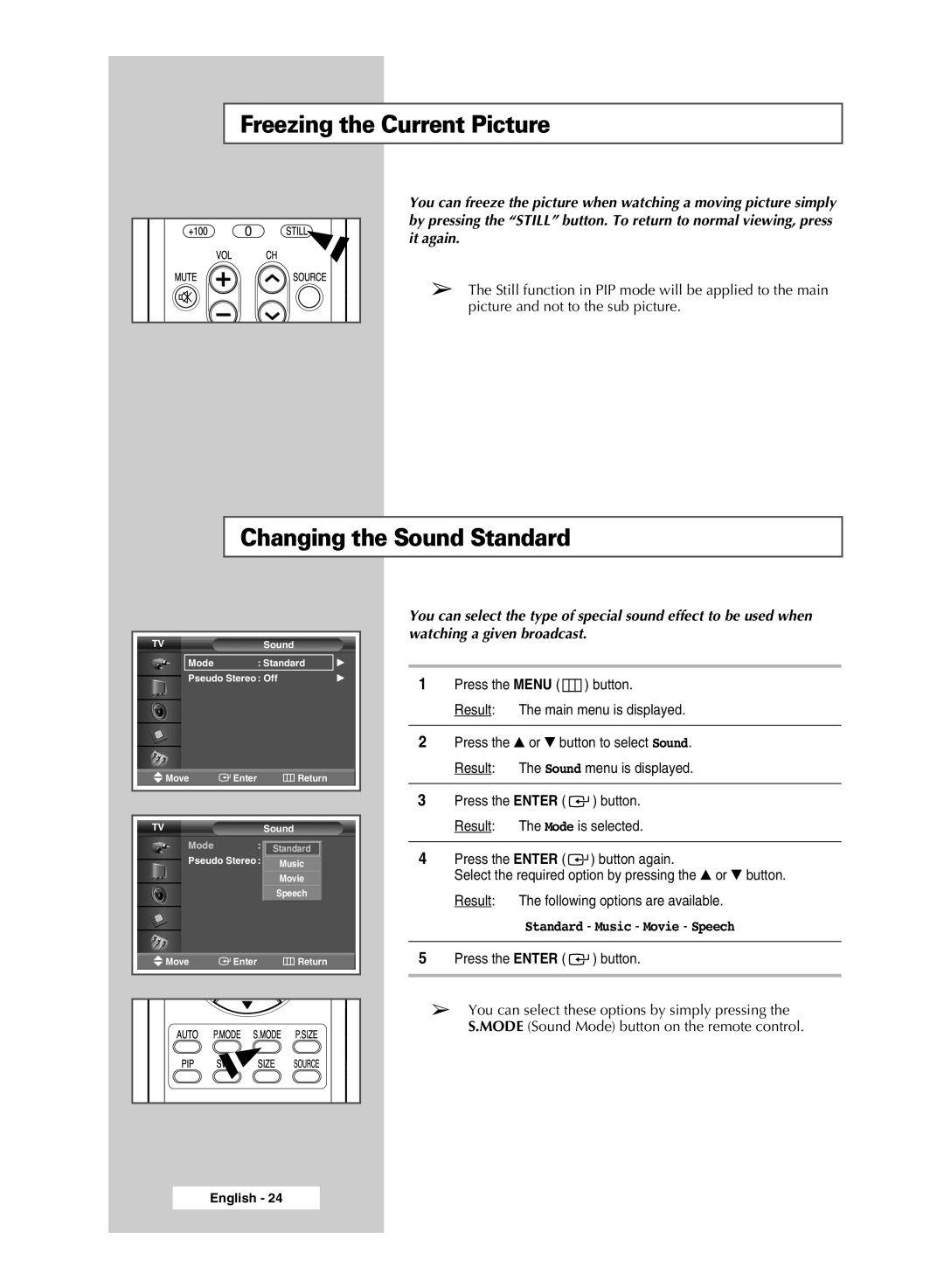 Samsung PPM42M5SBX/XST, PPM42M5HSX/EDC, PPM50M5HSX/EDC manual Freezing the Current Picture, Changing the Sound Standard 