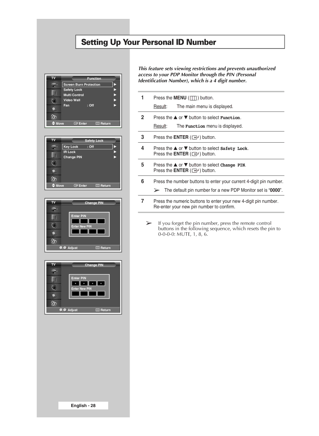 Samsung PPM42M5HSX/EDC, PPM50M5HSX/EDC, PPM63M5HSX/EDC, PPM42M5SBX/SAI, PPM50M5HBX/SAI Setting Up Your Personal ID Number 