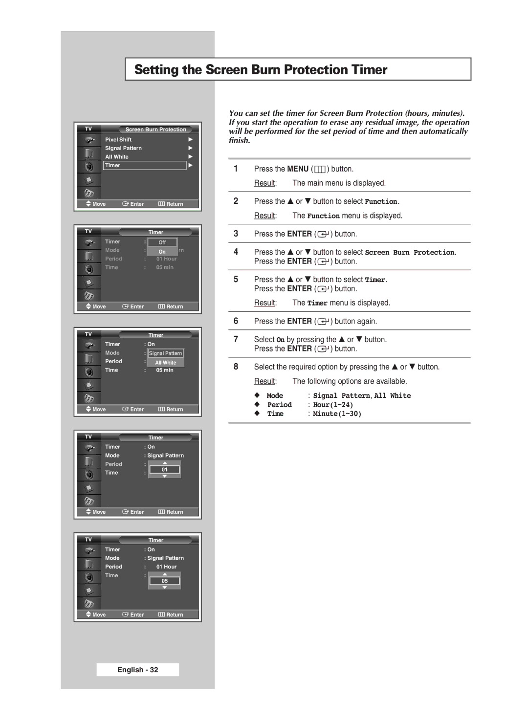 Samsung PPM50M5HBX/SAI, PPM42M5HSX/EDC, PPM50M5HSX/EDC, PPM63M5HSX/EDC manual Setting the Screen Burn Protection Timer 