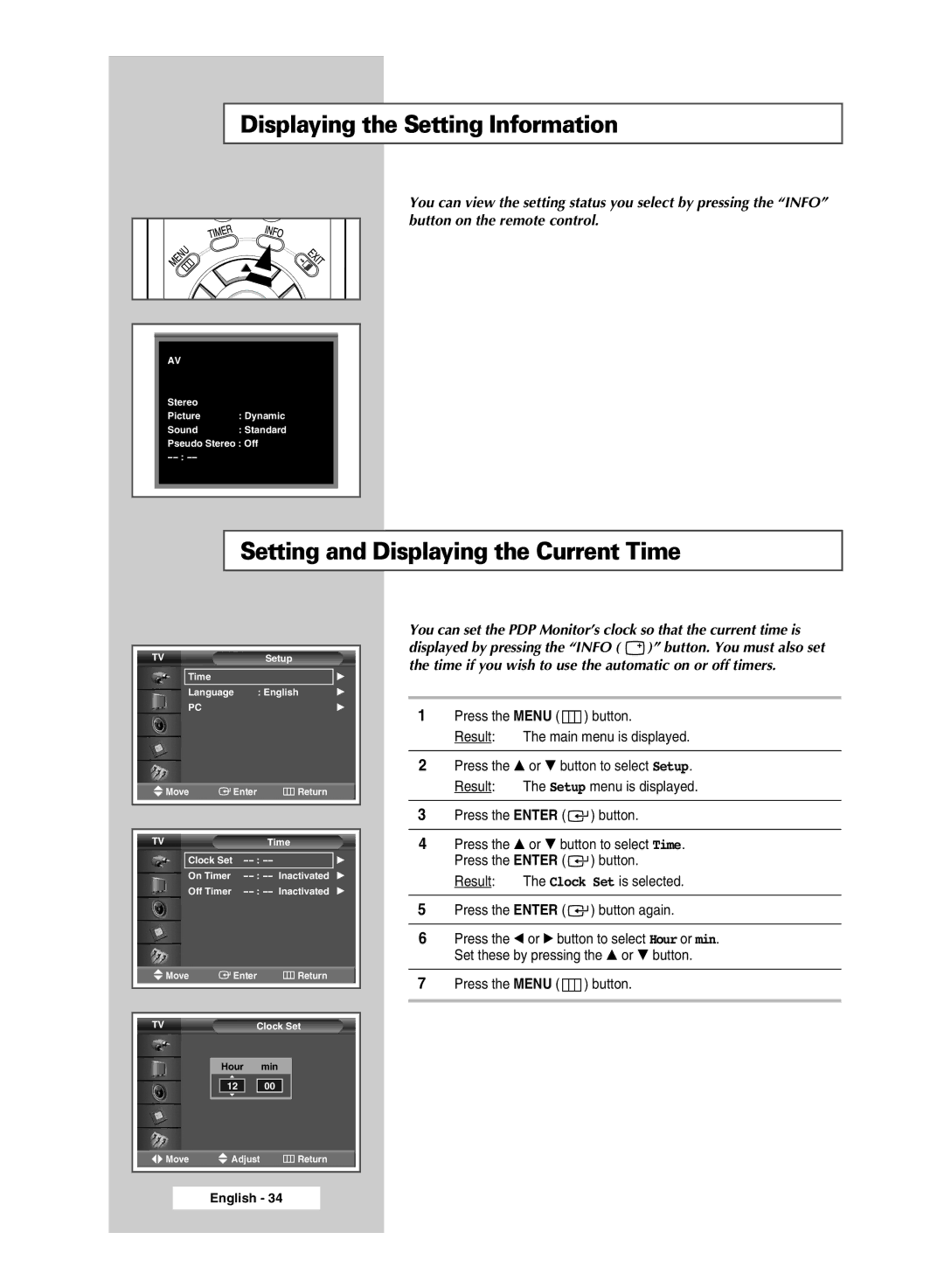 Samsung PPM63M5HSX/XSG, PPM42M5HSX/EDC manual Displaying the Setting Information, Setting and Displaying the Current Time 