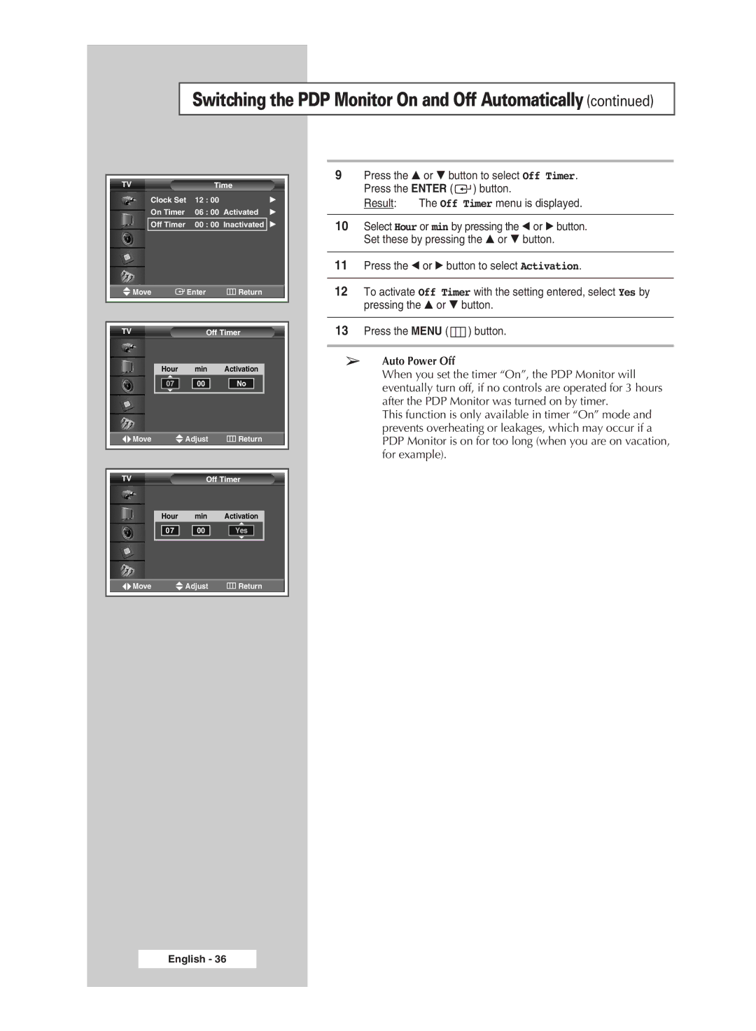 Samsung PPM42M5HBX/XSG, PPM42M5HSX/EDC, PPM50M5HSX/EDC, PPM63M5HSX/EDC Switching the PDP Monitor On and Off Automatically 