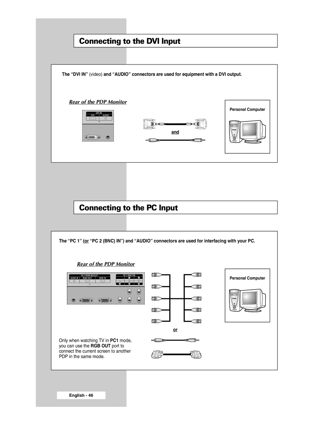 Samsung PPM50M5HBX/SAI, PPM42M5HSX/EDC, PPM50M5HSX/EDC manual Connecting to the DVI Input, Connecting to the PC Input 