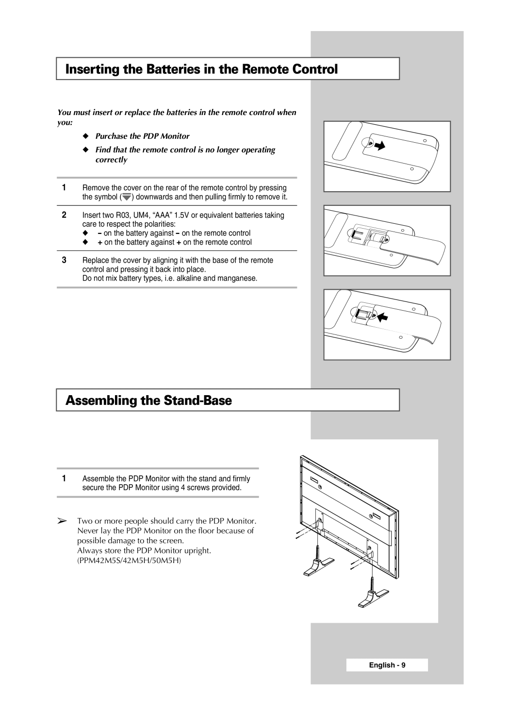 Samsung PPM42M5SBX/XSG, PPM42M5HSX/EDC manual Inserting the Batteries in the Remote Control, Assembling the Stand-Base 