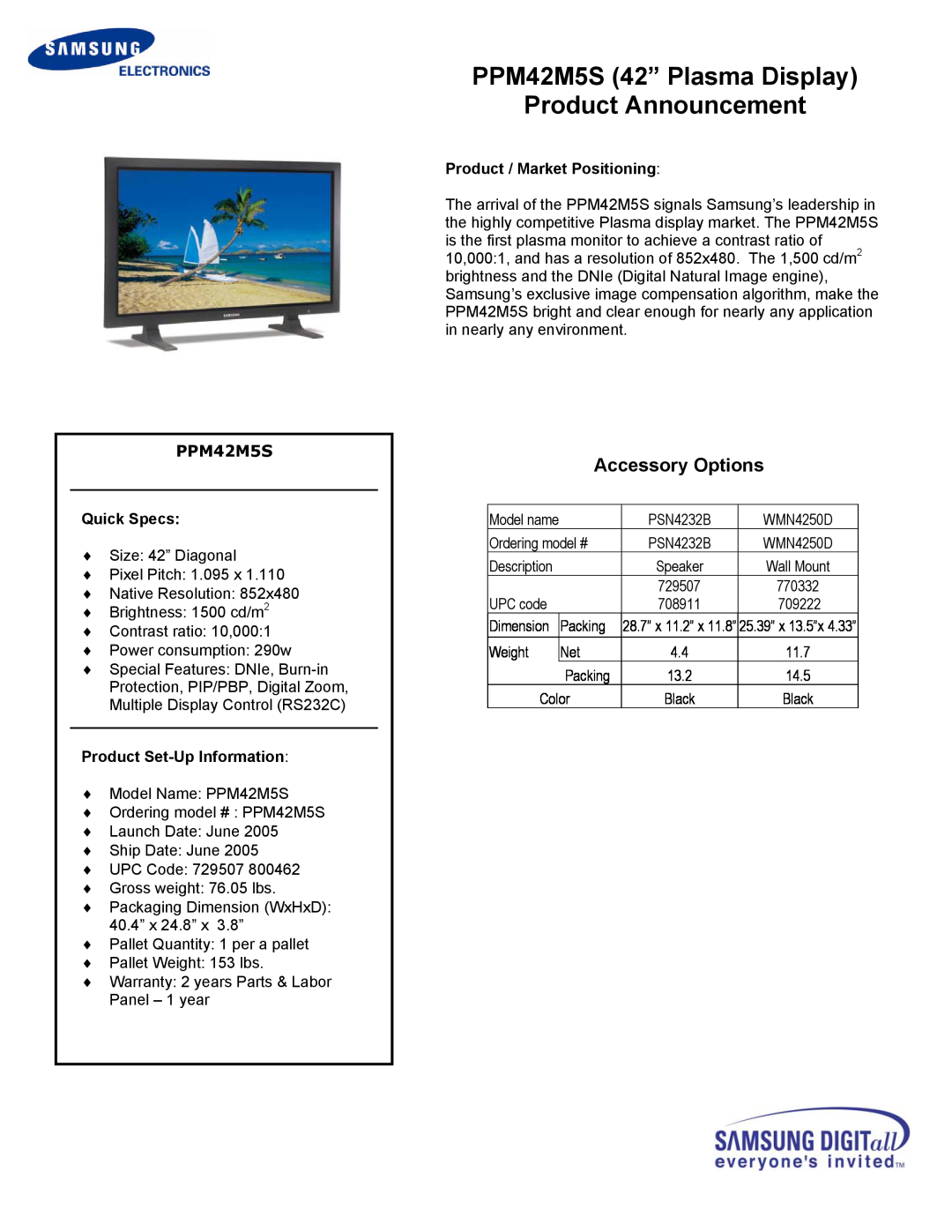 Samsung PPM42M5S 42” Plasma Display Product Announcement, Accessory Options, Quick Specs, Product Set-Up Information 
