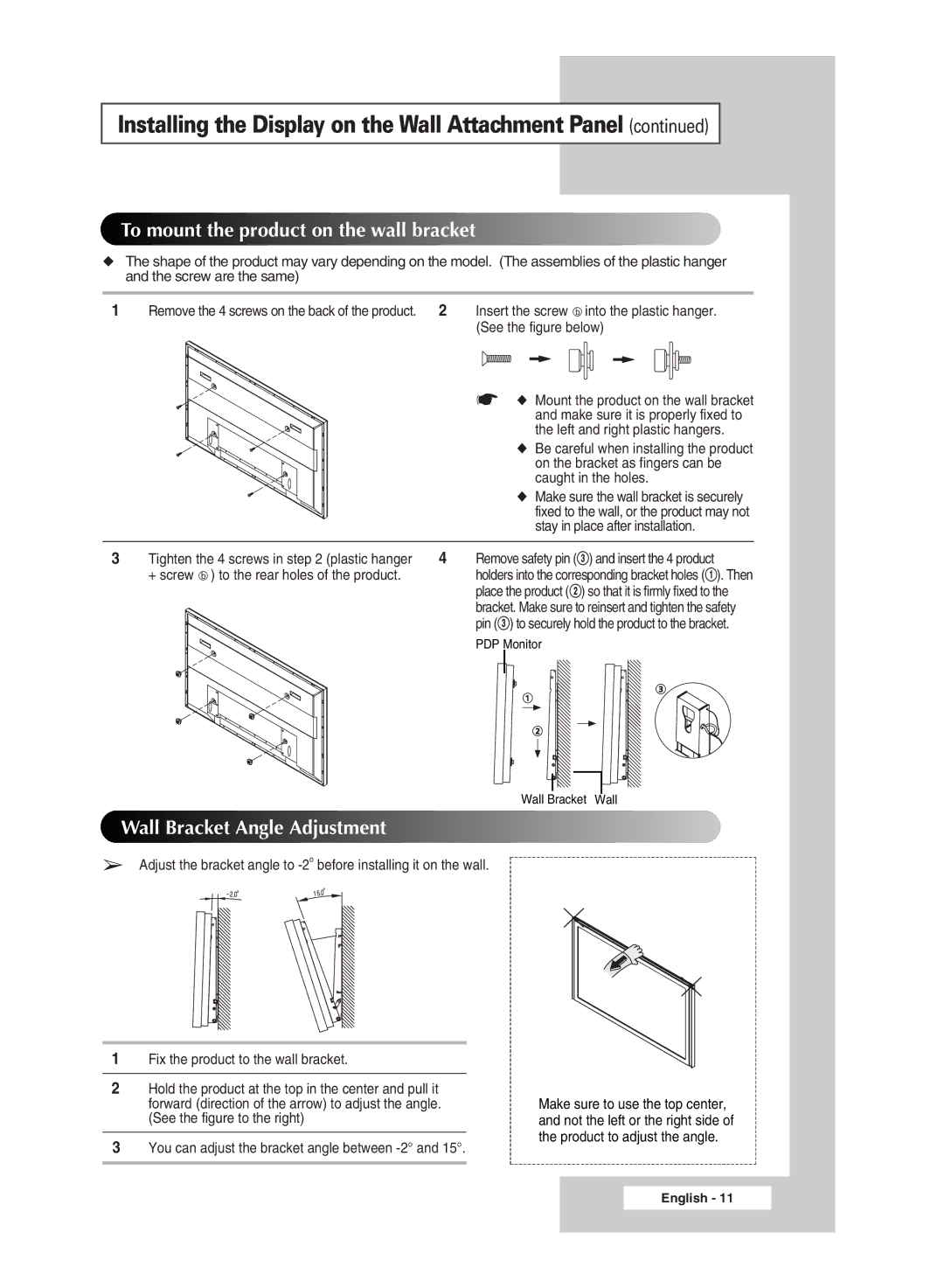 Samsung PPM63M5HSX/EDC, PPM42M5SSX/EDC, PPM42M5HSX/EDC, PPM50M5HSX/EDC manual To mount the product on the wall bracket 