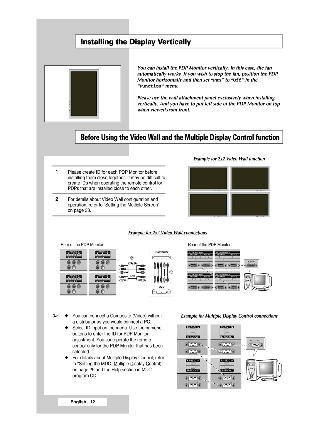 Samsung PPM42M5SSX/EDC, PPM42M5HSX/EDC manual Example for 2x2 Video Wall function, Example for 2x2 Video Wall connections 