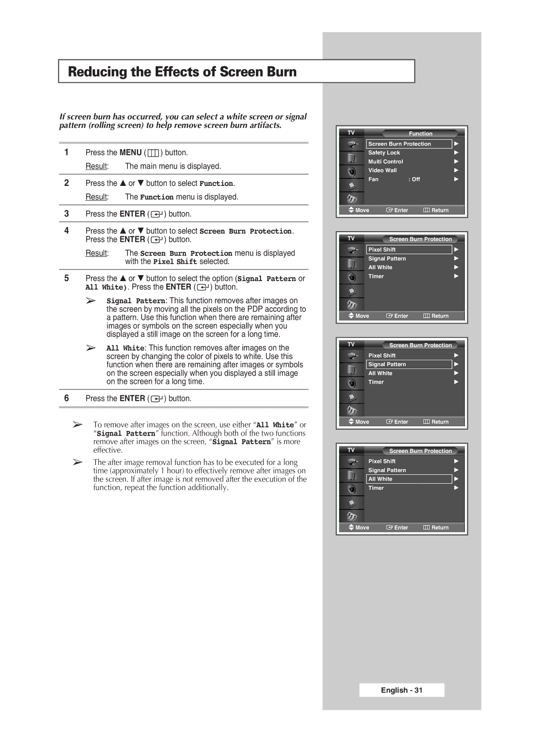 Samsung PPM63M5HSX/EDC, PPM42M5SSX/EDC, PPM42M5HSX/EDC, PPM50M5HSX/EDC manual Reducing the Effects of Screen Burn 