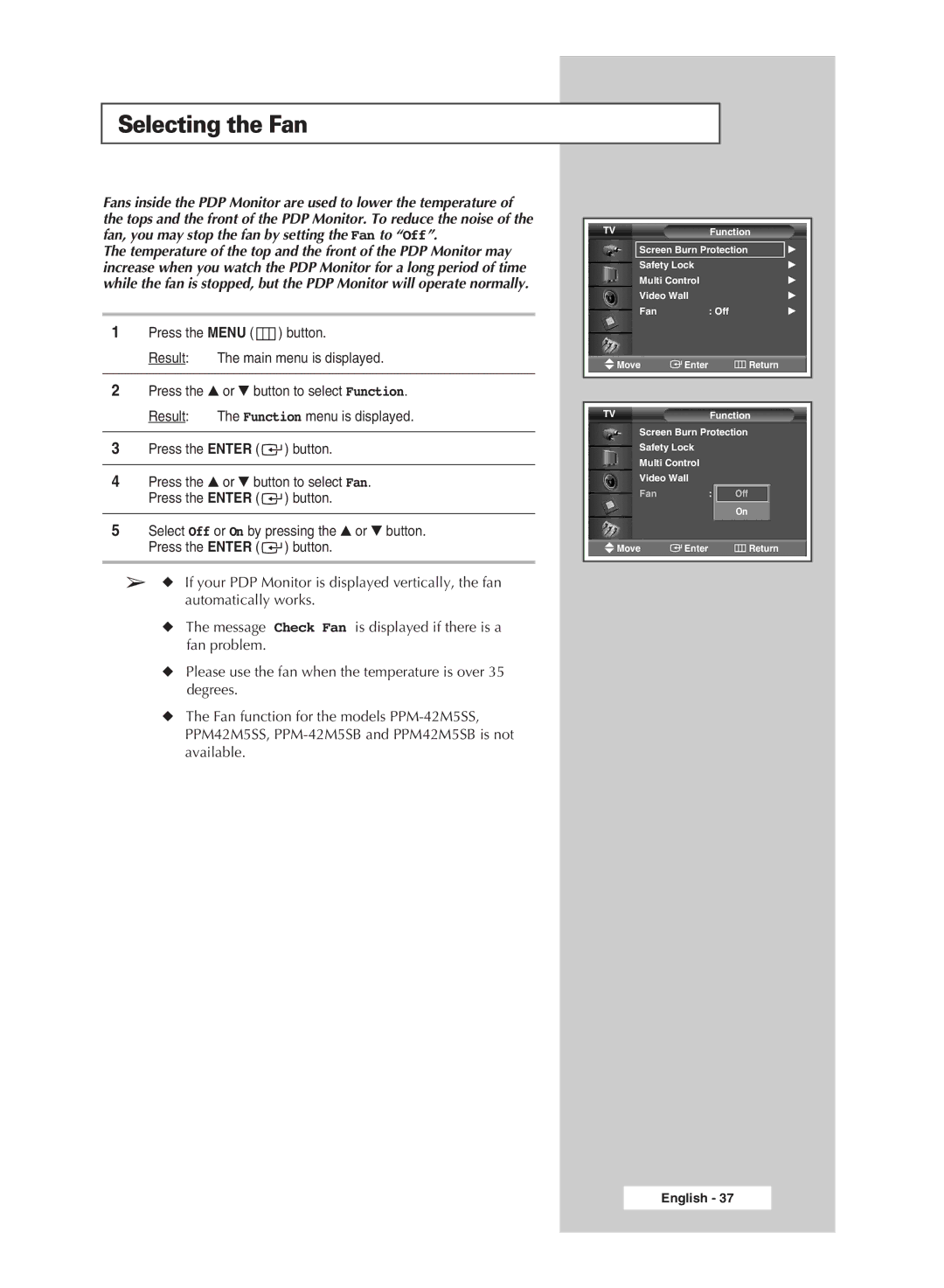 Samsung PPM42M5HSX/EDC, PPM42M5SSX/EDC, PPM50M5HSX/EDC, PPM63M5HSX/EDC manual Selecting the Fan 