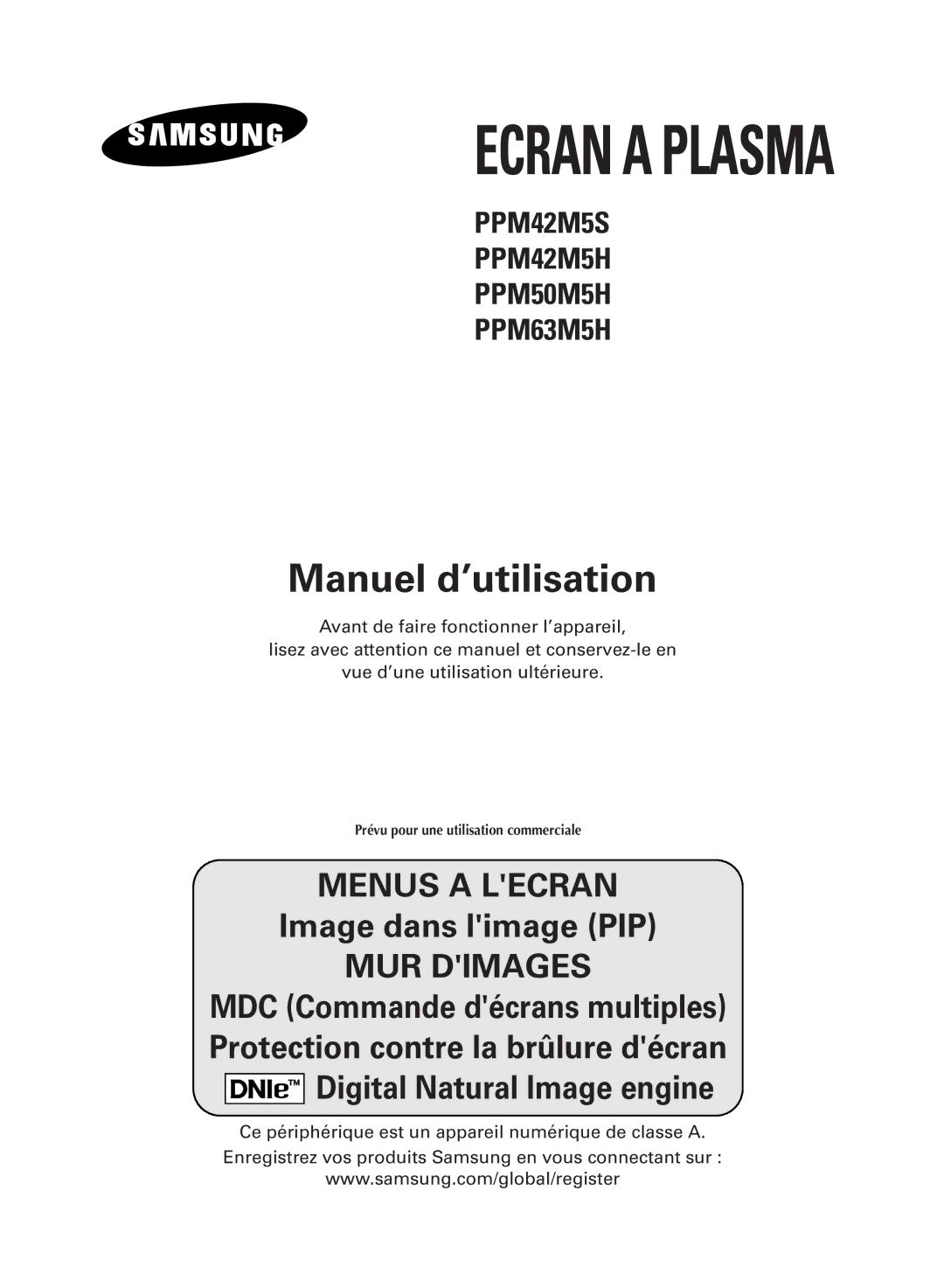 Samsung PPM42M5HSX/EDC, PPM42M5SSX/EDC, PPM50M5HSX/EDC, PPM63M5HSX/EDC manual Ecran a Plasma 