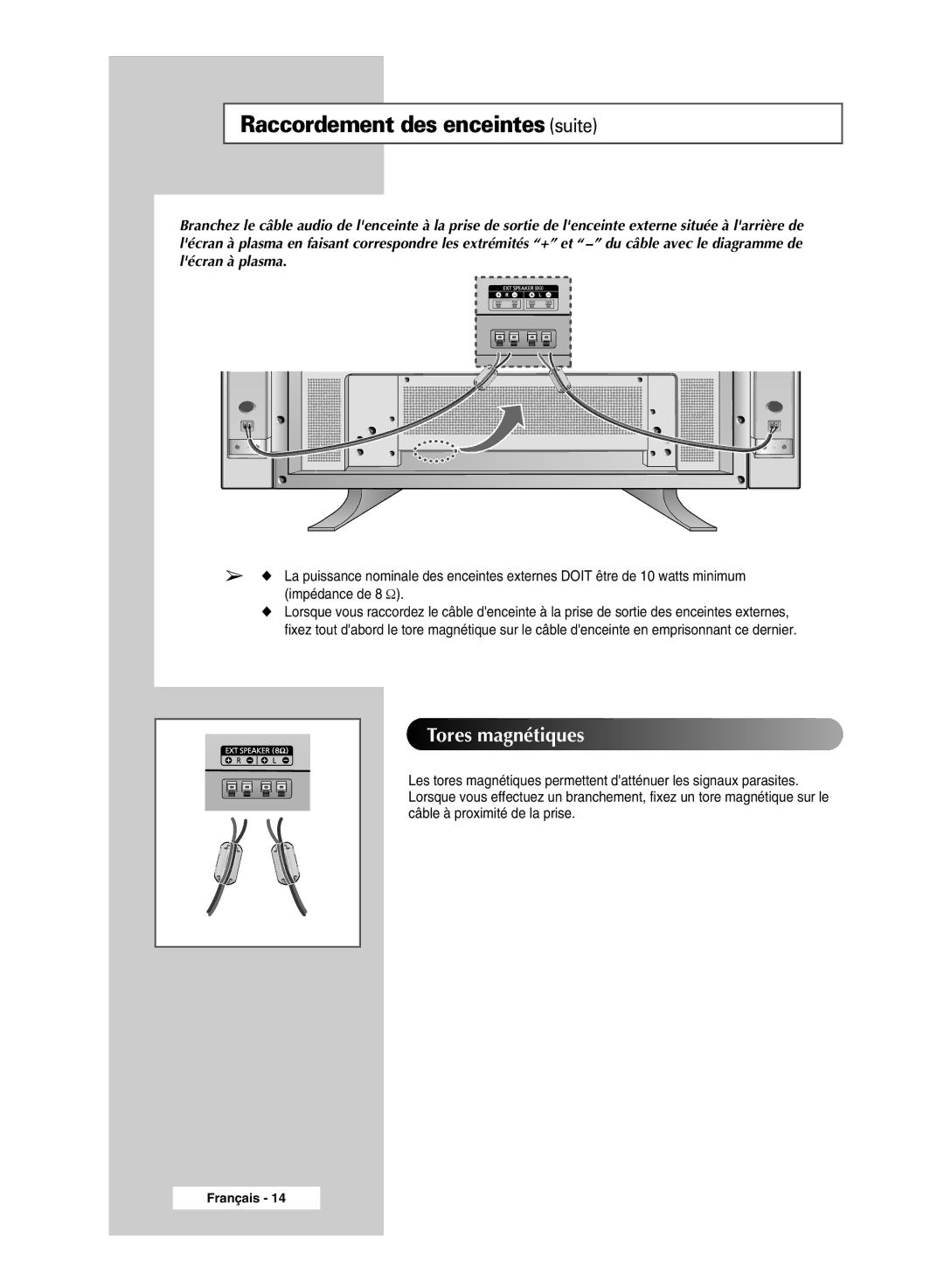 Samsung PPM50M5HSX/EDC, PPM42M5SSX/EDC, PPM42M5HSX/EDC, PPM63M5HSX/EDC manual Raccordement des enceintes suite 