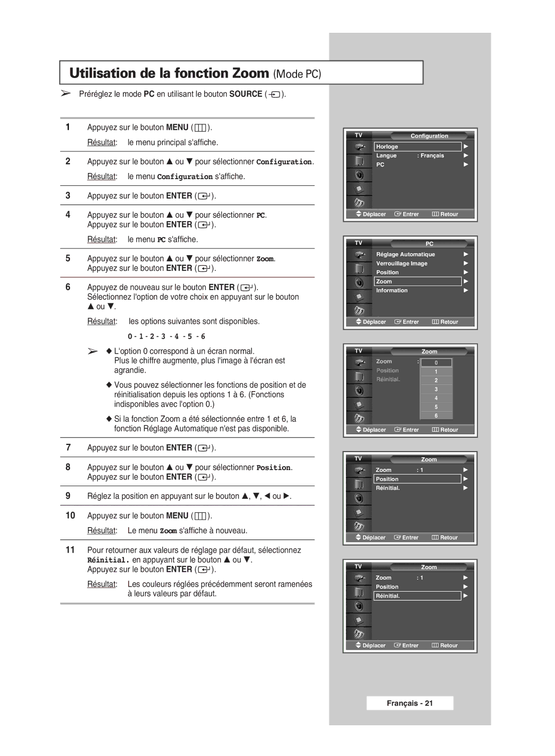 Samsung PPM42M5HSX/EDC, PPM42M5SSX/EDC, PPM50M5HSX/EDC, PPM63M5HSX/EDC manual Utilisation de la fonction Zoom Mode PC, 2 3 4 5 