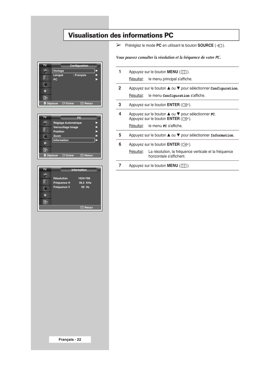 Samsung PPM50M5HSX/EDC, PPM42M5SSX/EDC, PPM42M5HSX/EDC, PPM63M5HSX/EDC manual Visualisation des informations PC 